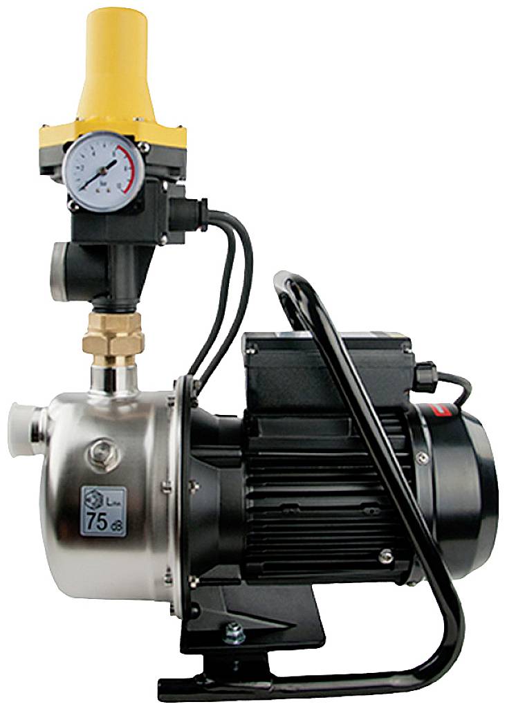 Wasserpumpe mit Druckregler und Manometer, geeignet für Haushaltsanwendungen, zeigt Betriebsdruck und Gehäuse aus Edelstahl.