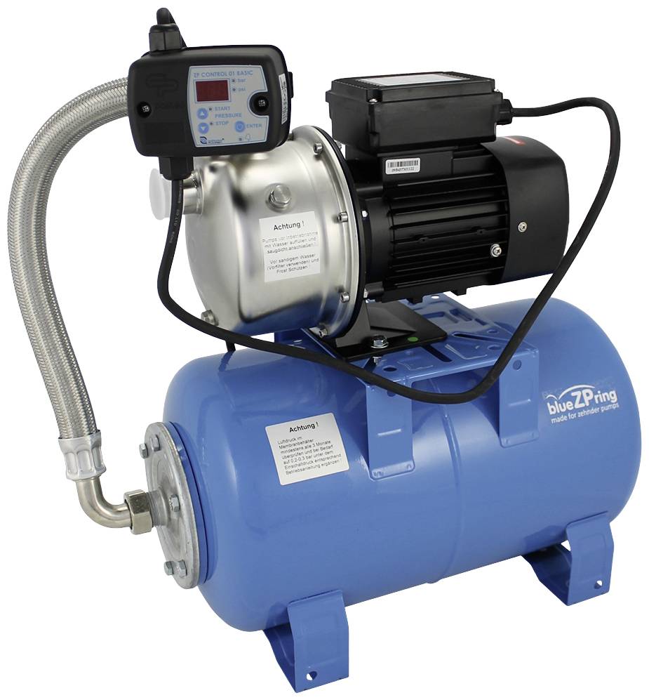 Eine blaue Wasserpumpe mit Druckkessel, Pumpenmotor und digitalen Steuerelementen, die zur Wasserversorgung in Gebäuden genutzt wird.