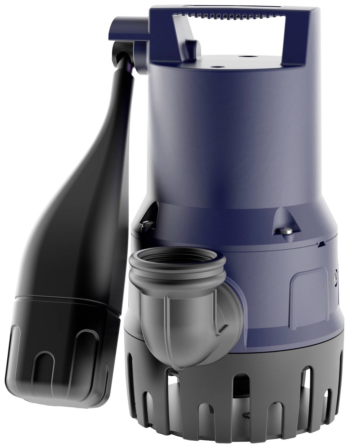 Eine blaue Tauchpumpe mit schwarzem Schwimmerschalter, geeignet für die Entwässerung von Kellern oder Schächten.