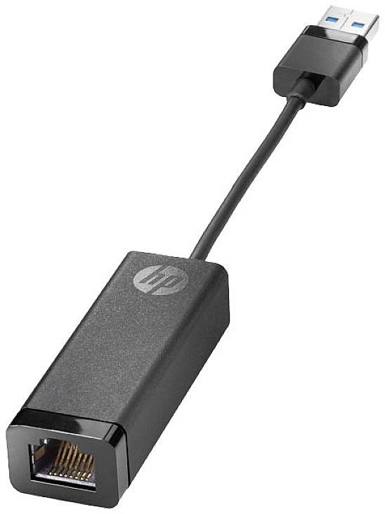 Ein schwarzer HP USB-zu-Ethernet-Adapter, Kabel verbindet USB-Stecker mit Ethernet-Anschluss.