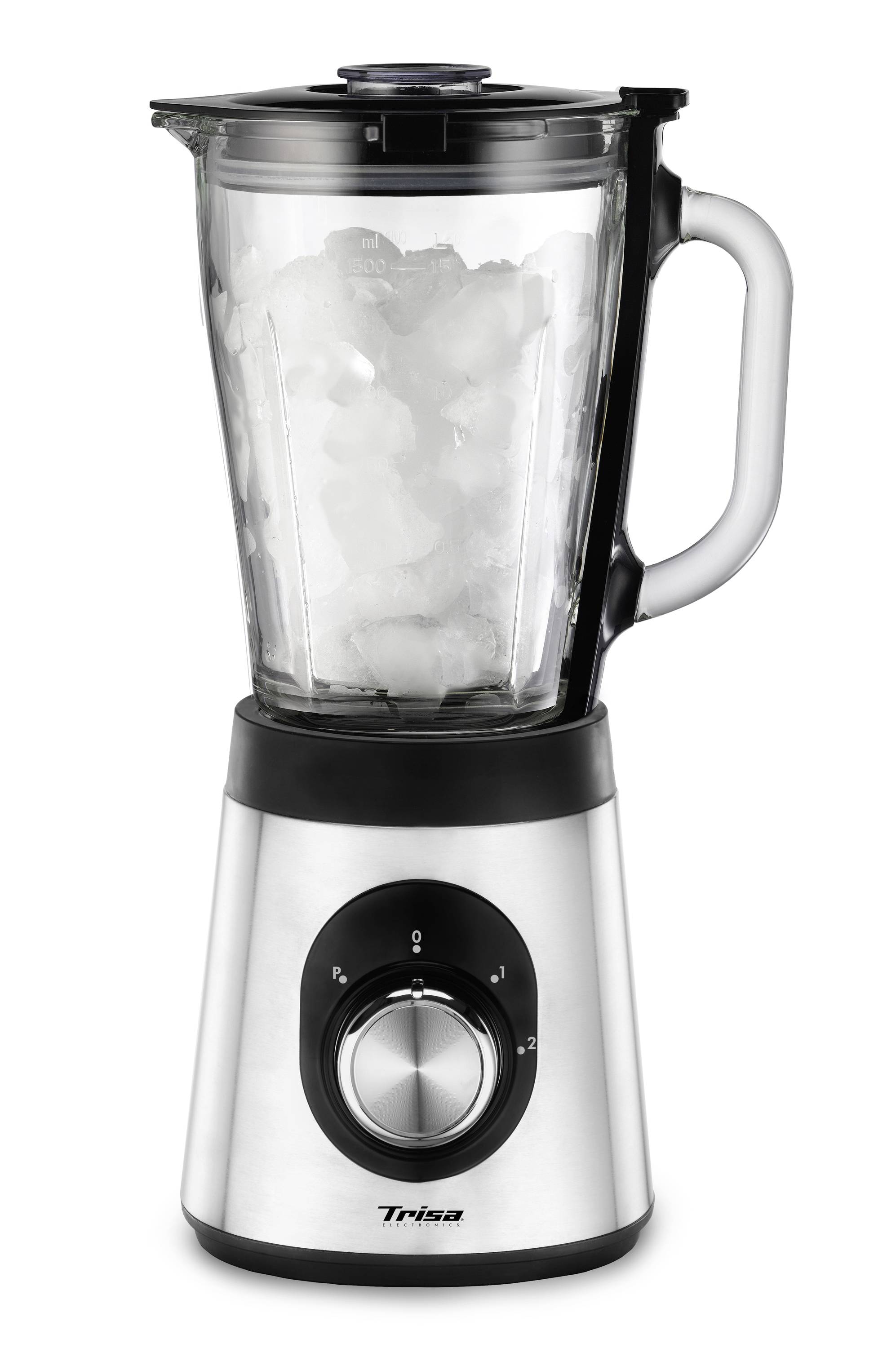 Ein silberner Standmixer mit Glasbehälter, gefüllt mit Eiswürfeln, auf einer schwarzen Basis. Der Drehknopf zeigt Einstellungen.