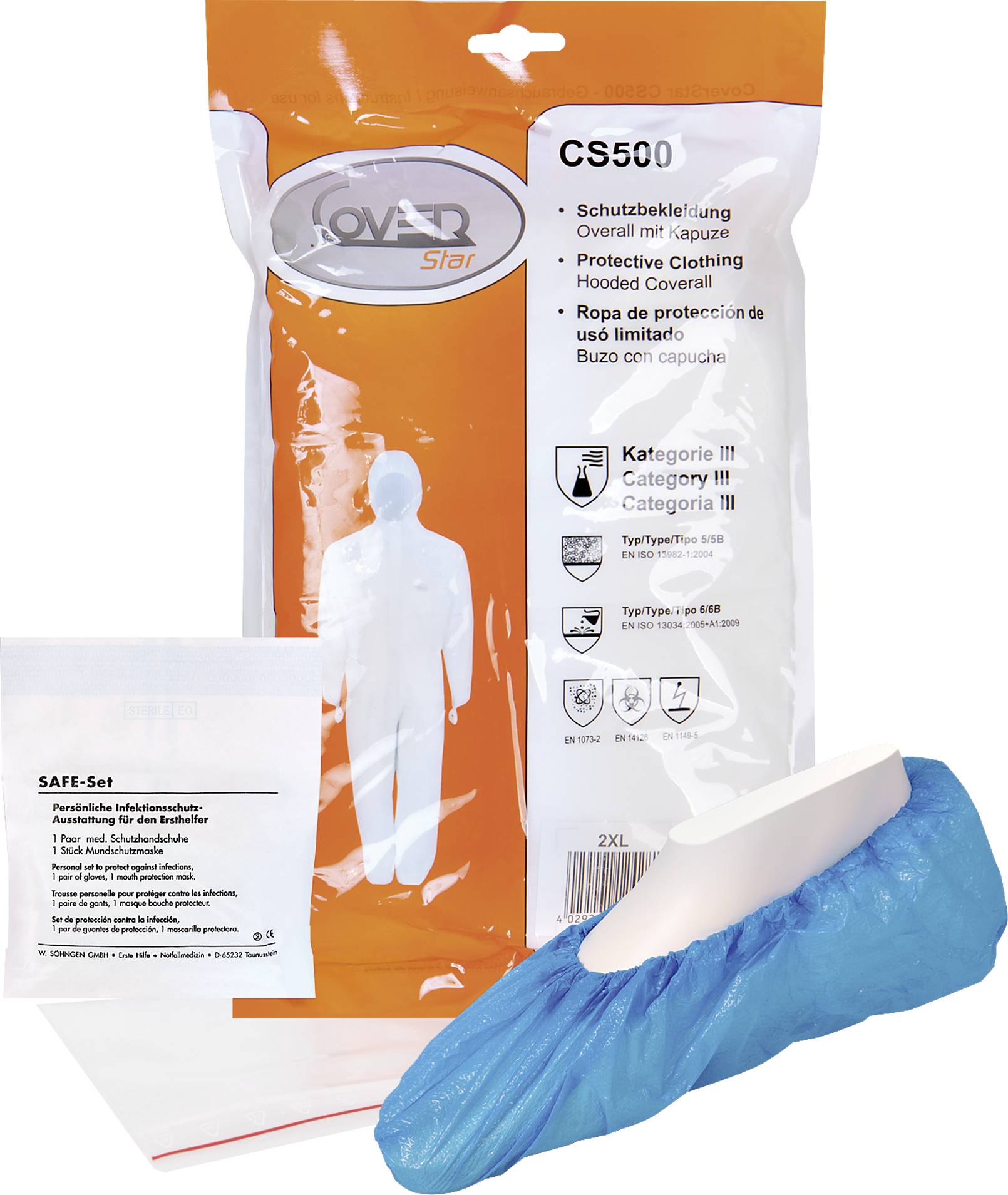 Verpackung eines Schutzanzugs mit Kapuze, Kategorie III, Typ 5/6. Beinhaltet auch ein Paar blaue Schuhüberzüge. Markenname 'Cover Star'.