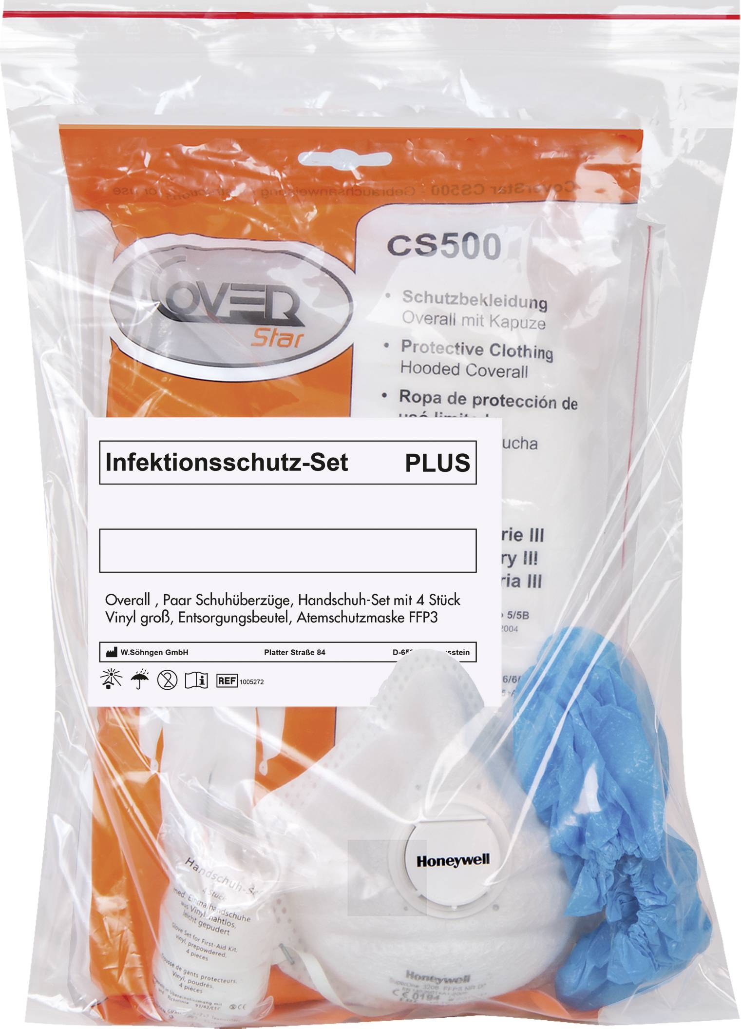 Schutzset mit Overall, Handschuhen, FFP3-Atemschutzmaske und Entsorgungsbeutel, in klarer Verpackung. Beschriftet als 'Infektionsschutz-Set PLUS'.