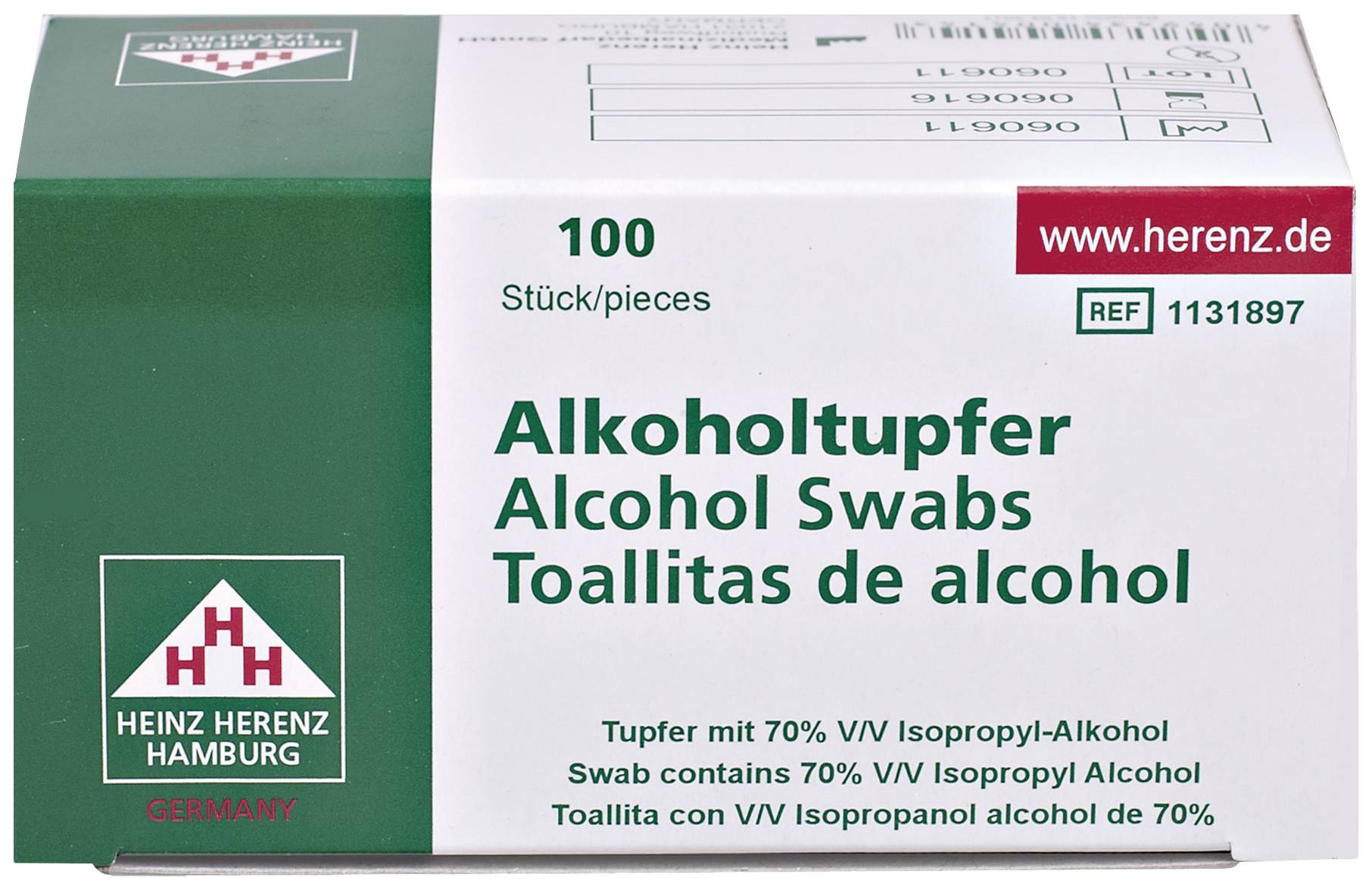 Verpackung mit 'Heinz Herenz Hamburg' Logo, enthält 100 Alkoholtupfer mit 70% Isopropyl-Alkohol, mehrsprachige Beschriftung.