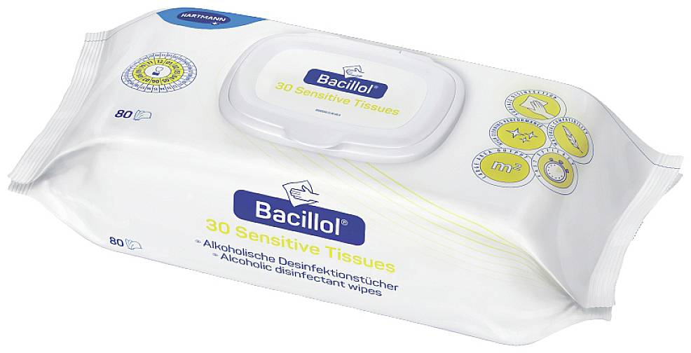 Packung Bacillol 30 Sensitive Tissues, alkoholfreie Desinfektionstücher, 80 Stück, auf weißem Hintergrund.