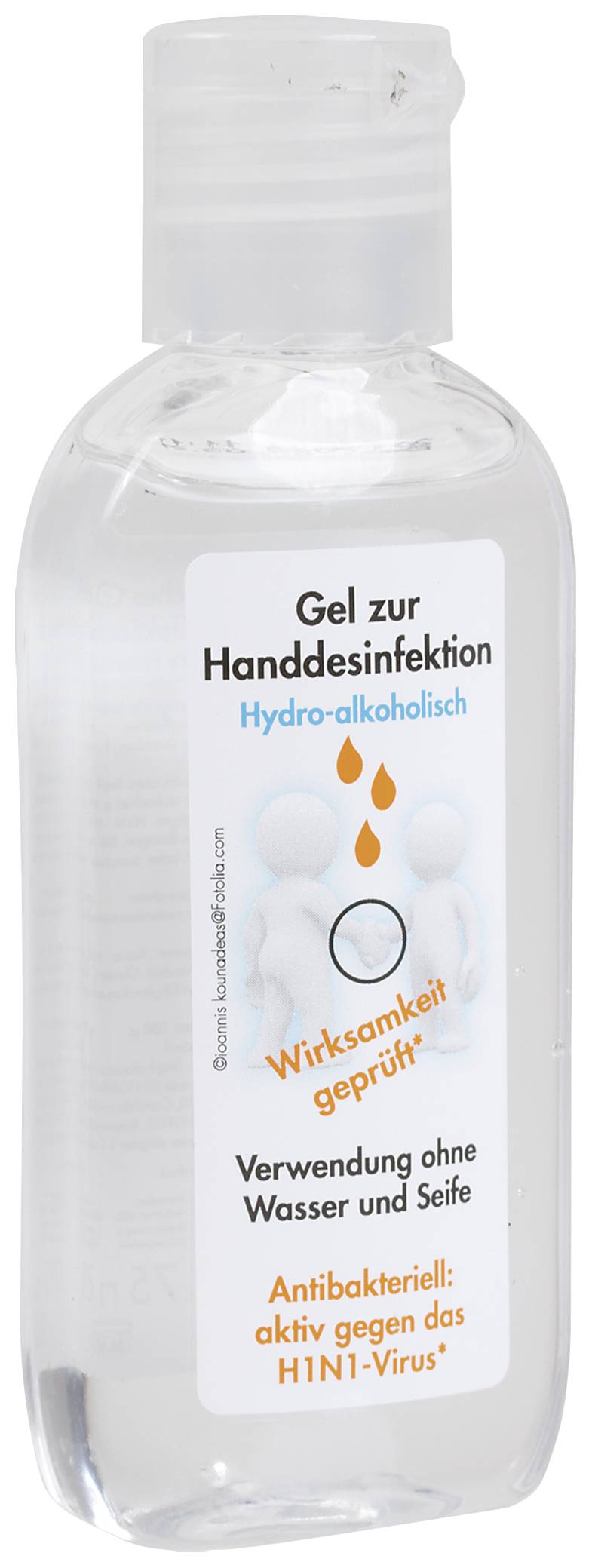 Klares Desinfektionsgel mit Etikett: 'Gel zur Handdesinfektion. Wirksamkeit geprüft. Verwendung ohne Wasser und Seife. Antibakteriell.'