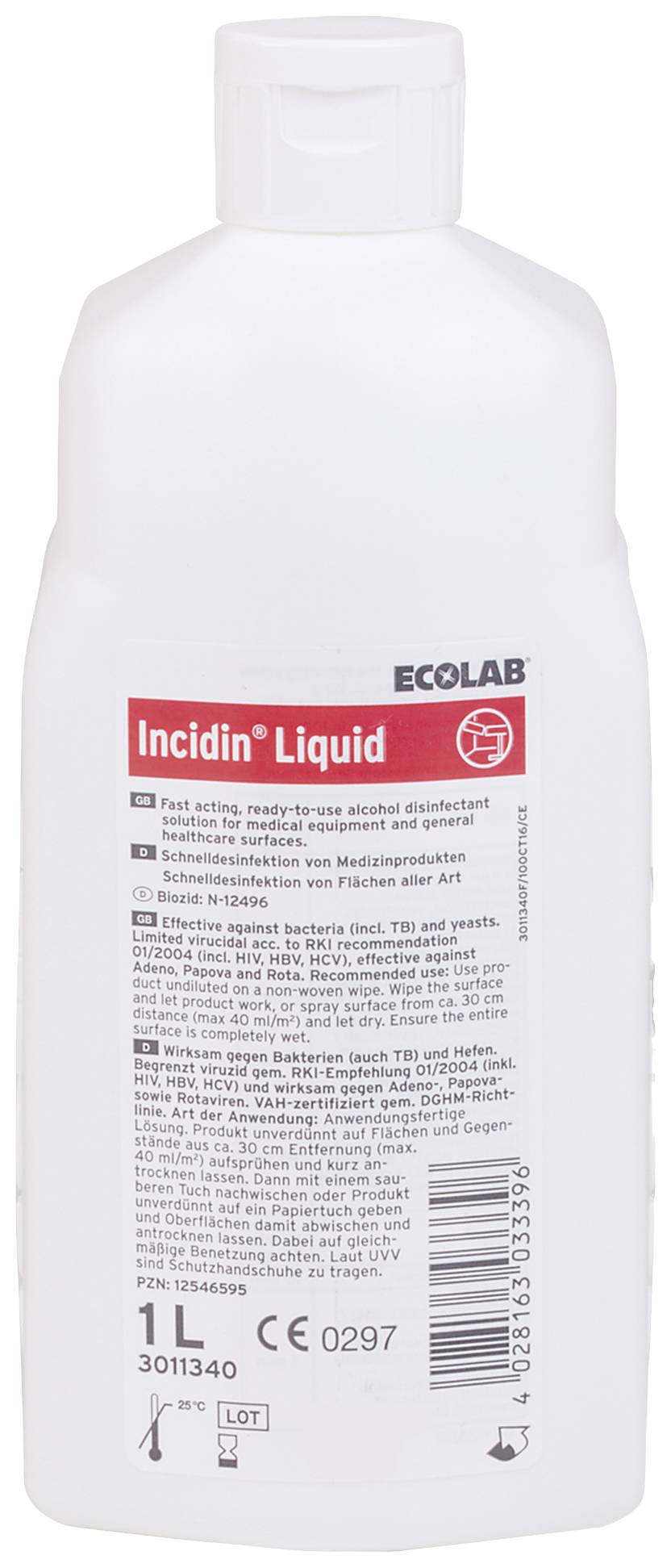 Eine weiße Flasche 'Incidin' Liquid' Desinfektionsmittel von Ecolab mit Text und Piktogrammen auf der Vorderseite.