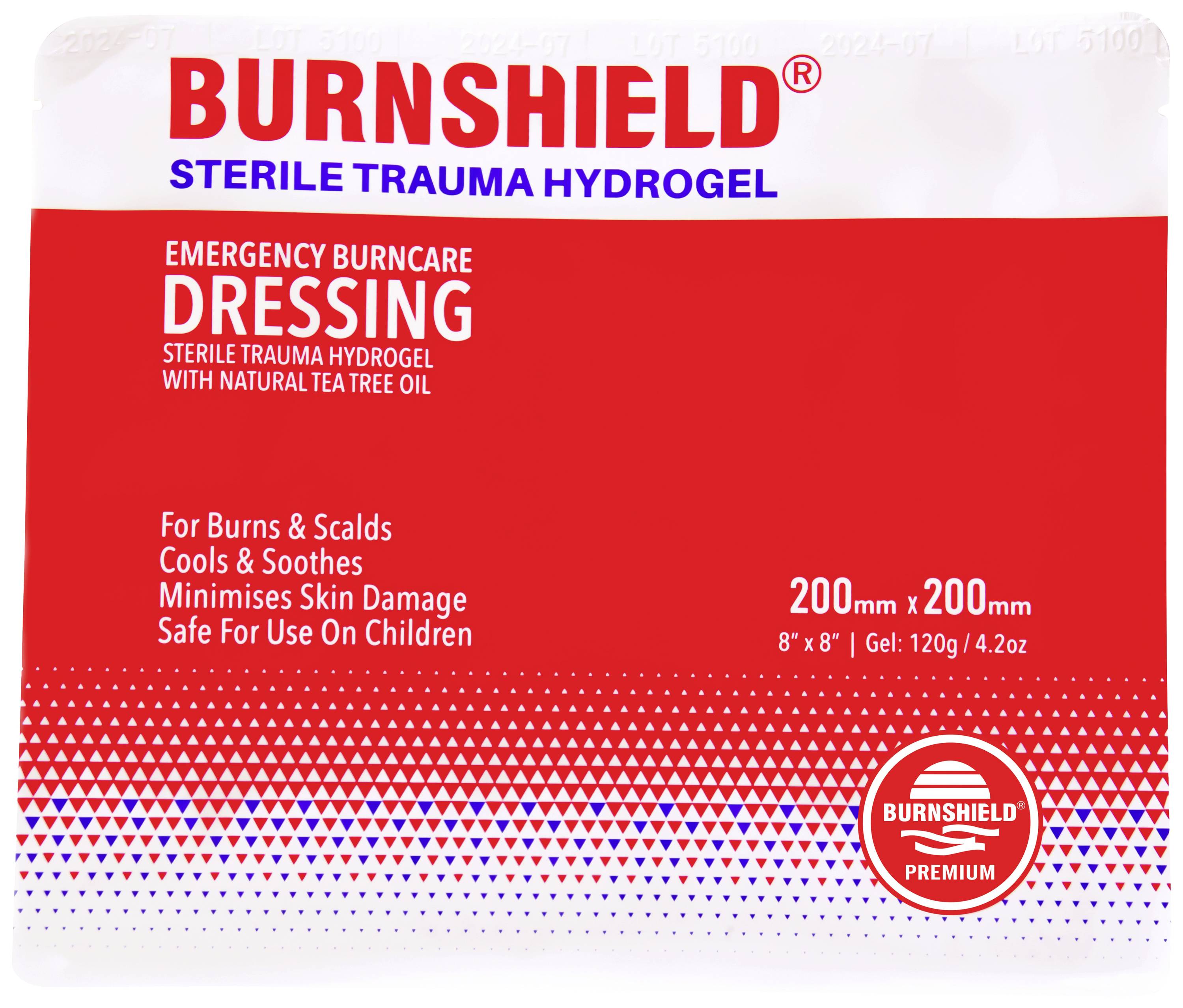 'Burnshield' sterile Hydrogel-Wundauflage für Verbrennungen. 200mm x 200mm, enthält Teebaumöl. Kühlt, beruhigt und minimiert Hautschäden.