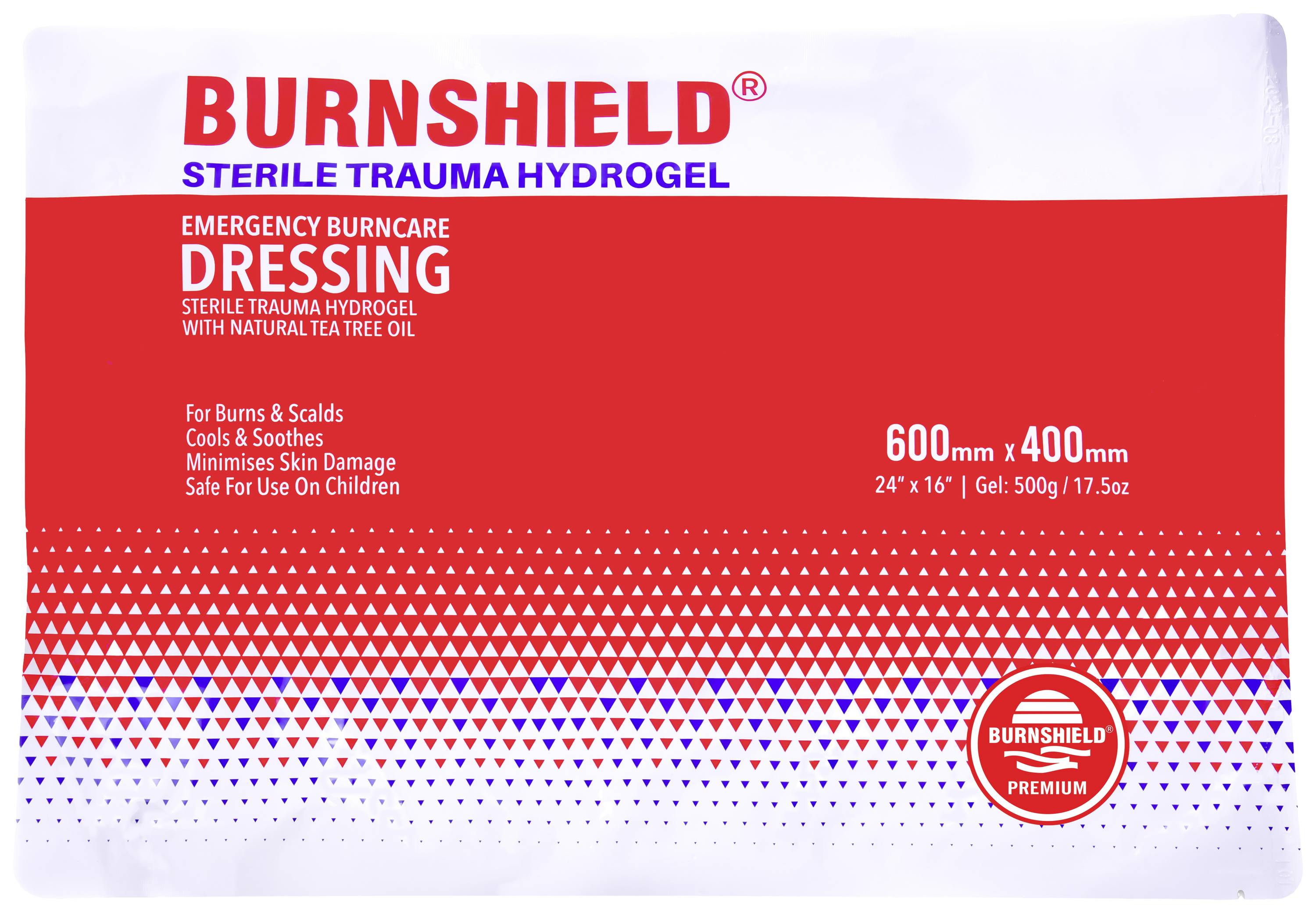 Burnshield Sterile Trauma Hydrogelionsverband, 600mm x 400mm, für Notfallbrandpflege. Kühlend, hautschonend, kindersicher.