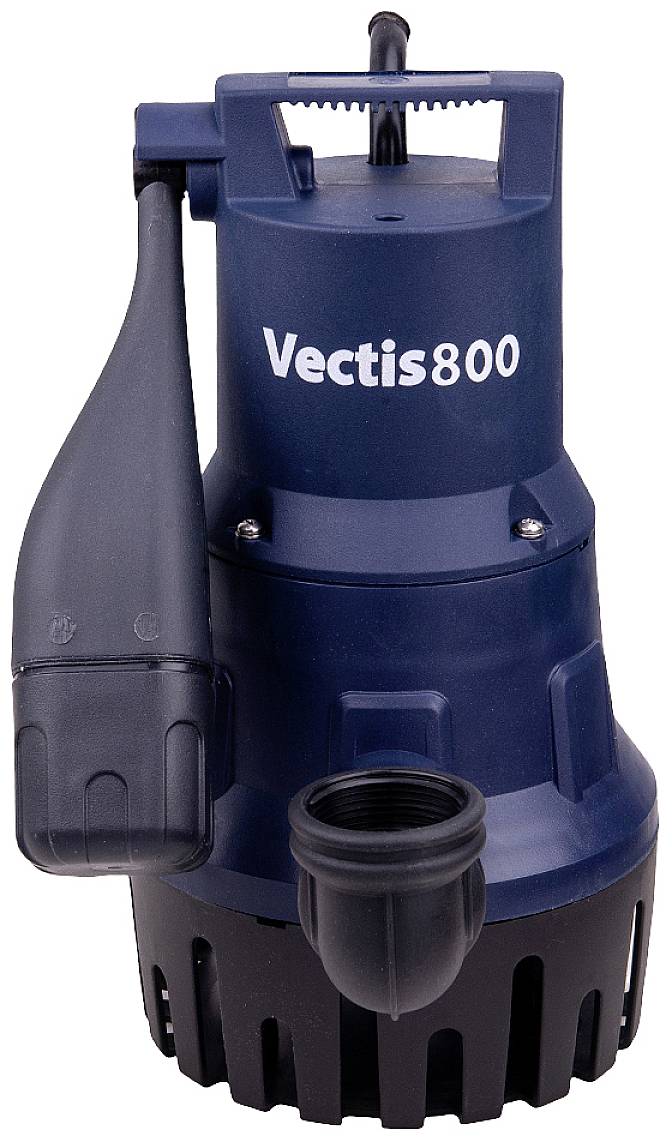 Eine blaue Tauchpumpe mit der Aufschrift 'Vectis800' auf der Oberseite. Geeignet für das Abpumpen von Wasser in Kellern.