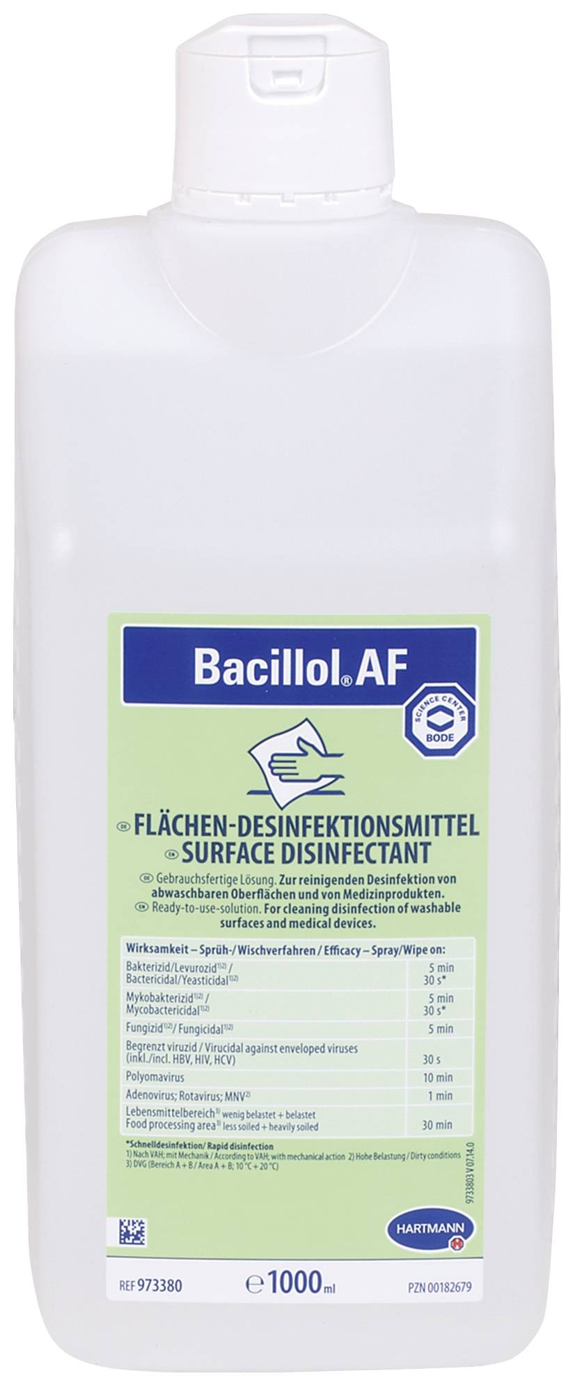 Desinfektionsmittel-Flasche 'Bacillol AF', 1000 ml. Enthält Wirkstoffe Alkohol, Propan-2-ol. Zur Flächendesinfektion, farblos, ohne Duftstoffe.