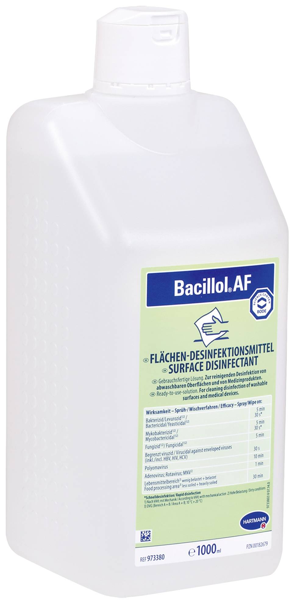 Eine Flasche mit 'Bacillol AF' Flächendesinfektionsmittel, transparentes Design mit grünem Etikett. Volumen: 1000 ml.