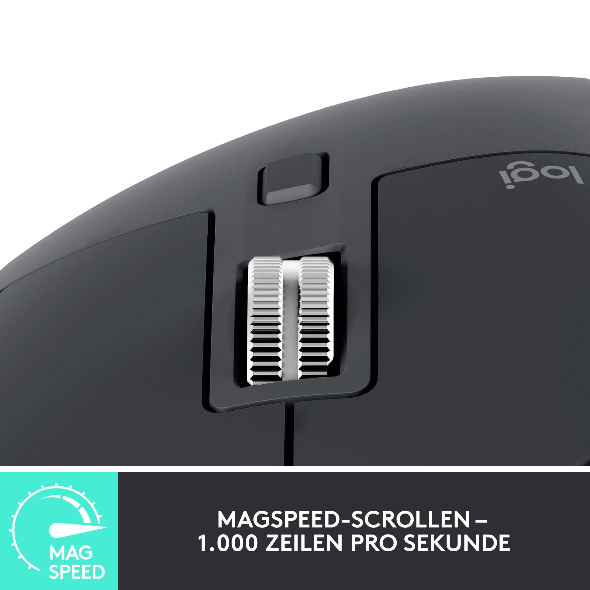 Die Abbildung zeigt das Scrollrad einer Computermaus mit der Beschriftung 'MagSpeed-Scrollen – 1.000 Zeilen pro Sekunde'.