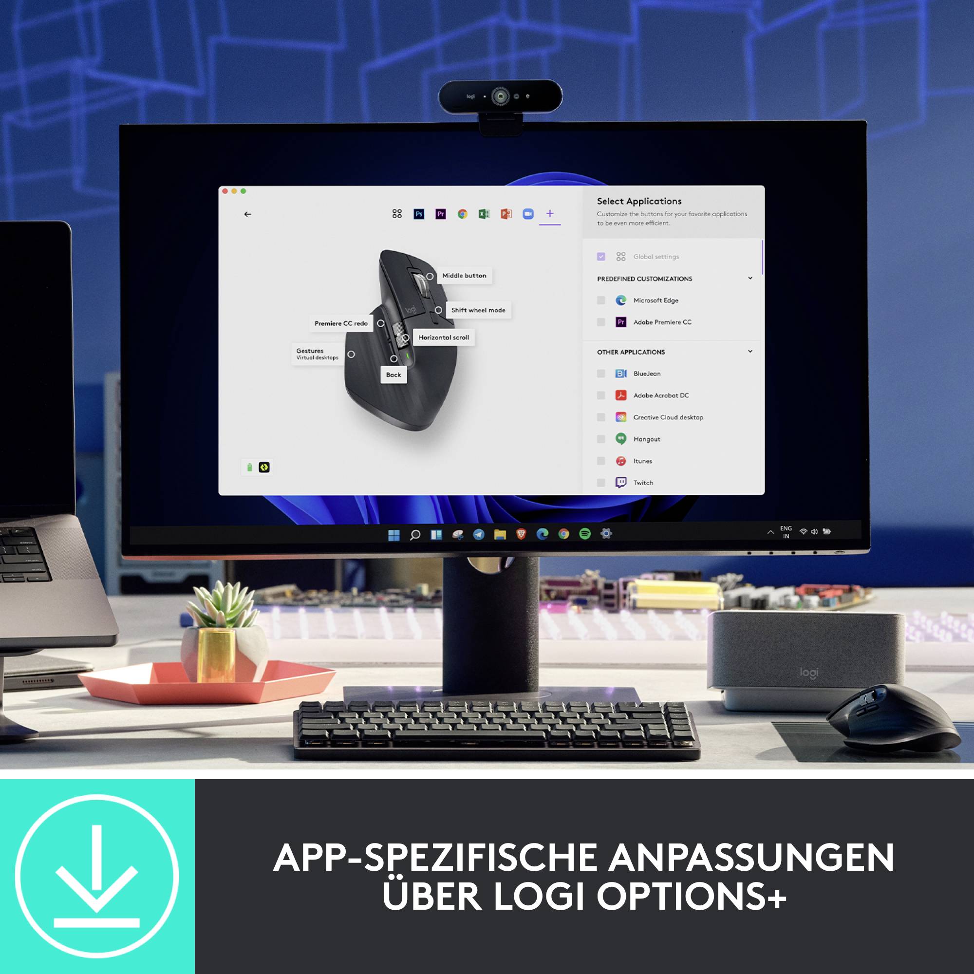 Ein Computerbildschirm zeigt eine App mit Anpassungsoptionen. Darunter Text: 'App-spezifische Anpassungen über Logi Options+'.