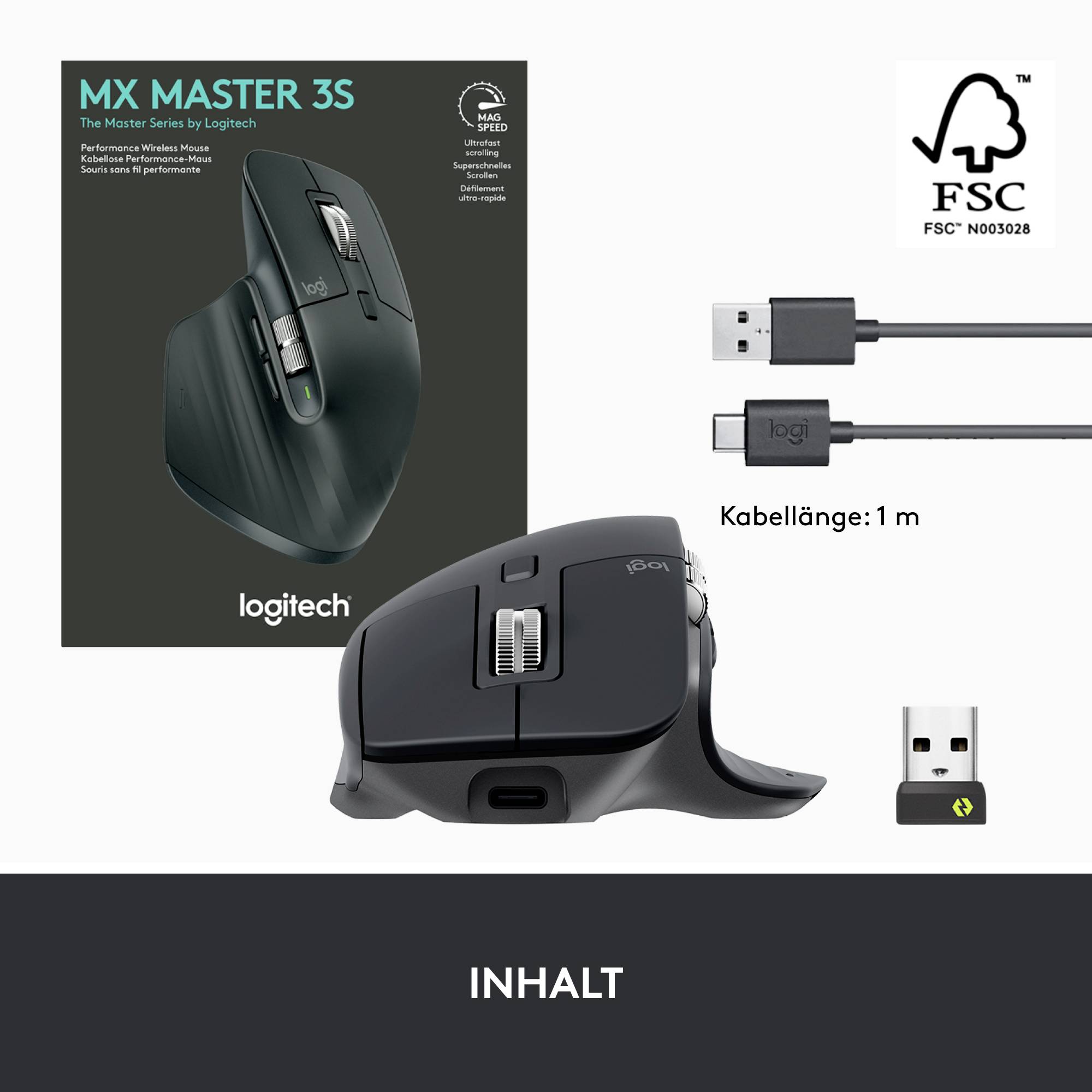 Die Abbildung zeigt die Logitech MX Master 3S Maus, ein USB-Empfänger, ein 1 m langes Ladekabel und das FSC-Logo.