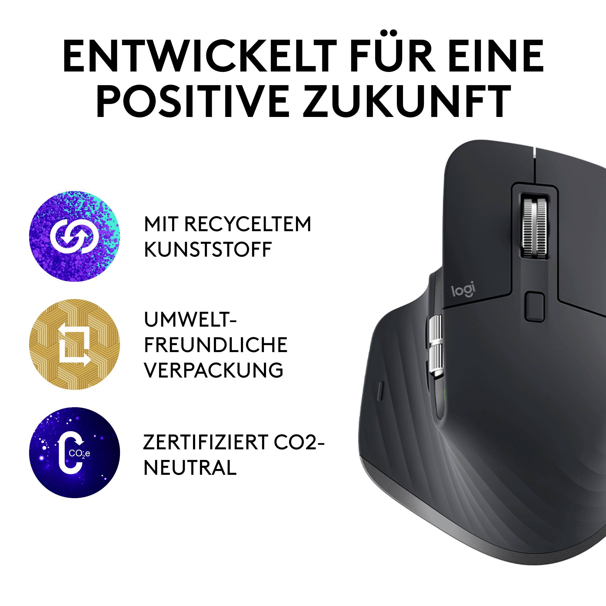 Schwarze Computermaus rechts, daneben Text: 'Entwickelt für eine positive Zukunft'. Symbole oben: recycelter Kunststoff, umweltfreundliche Verpackung, CO2-neutral.