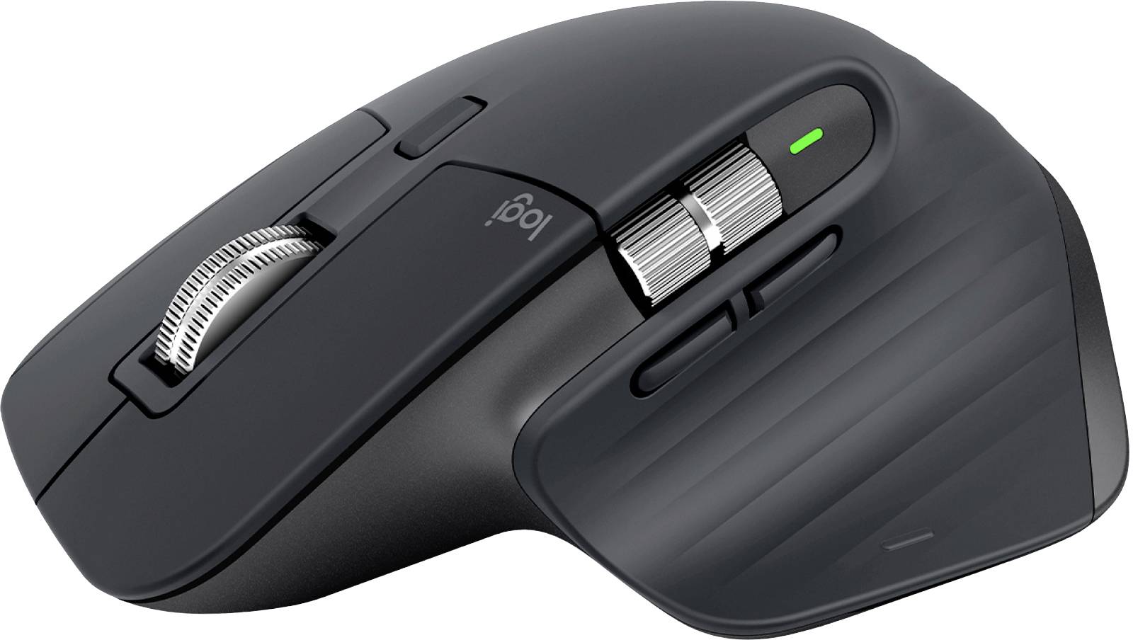 Eine schwarze, ergonomische Computermaus mit mehreren Tasten und einem beleuchteten Scrollrad, zeigt Raffinesse in ihrem Design.
