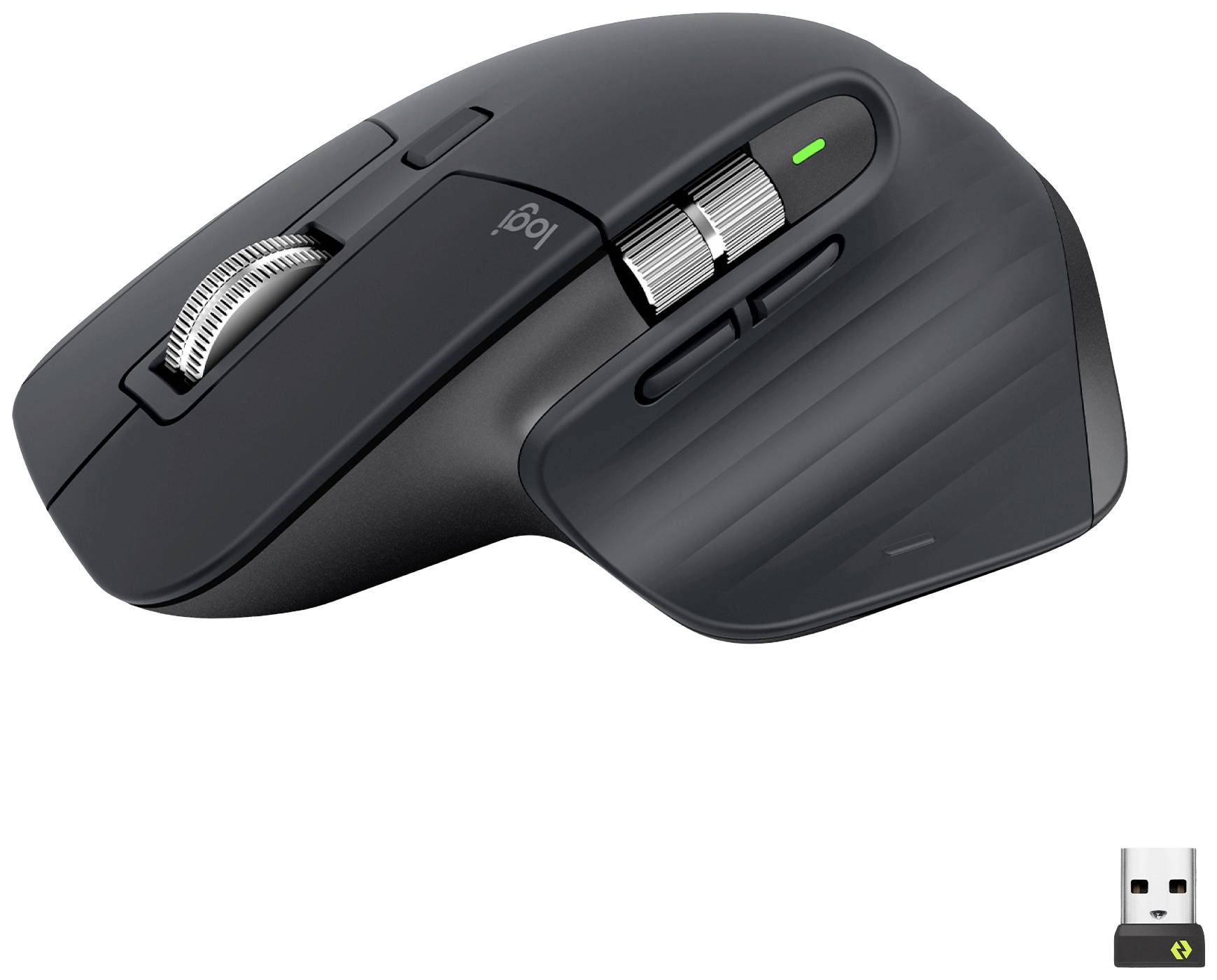 Schwarze ergonomische Computermaus mit Scrollrad und mehreren Tasten, inklusive drahtlosem USB-Empfänger.