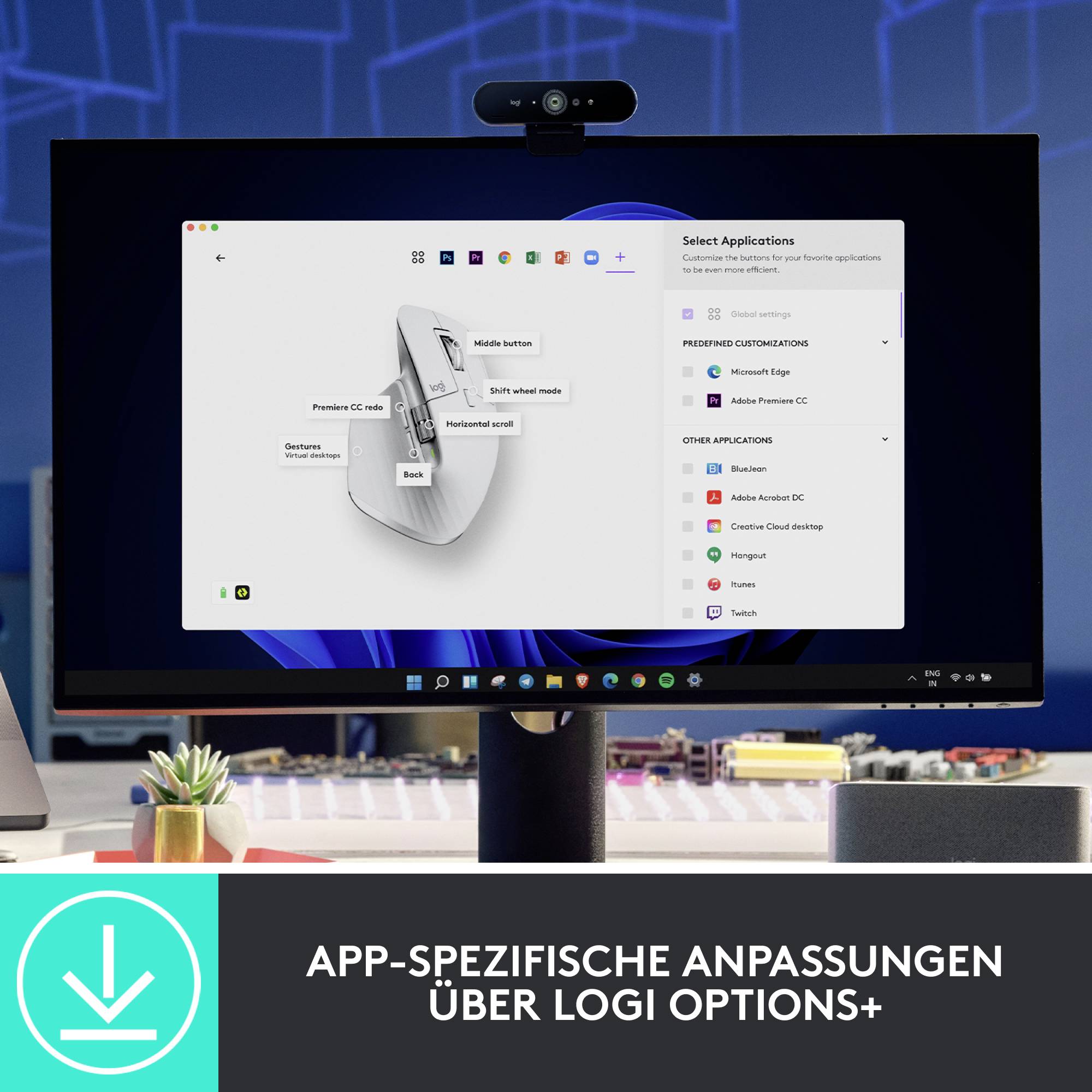 Ein Computerbildschirm zeigt eine Softwareoberfläche für die Anpassung von Tastaturoptionen. Text darunter: 'App-spezifische Anpassungen über Logi Options+'.