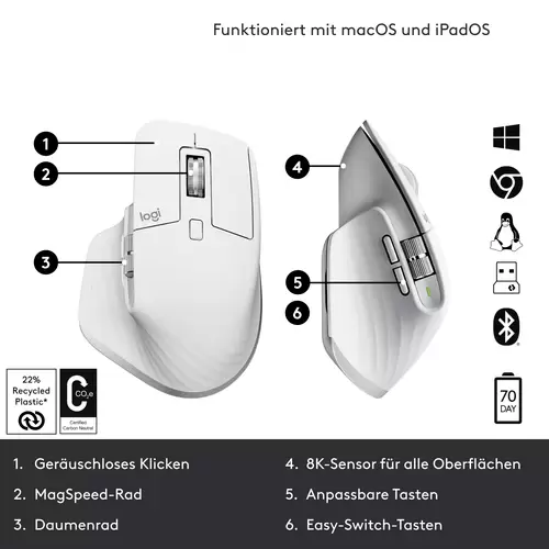 Logitech MX Master 3S Ergonomische Maus Bluetooth®, Funk Optisch Hellgrau 7 Tasten 8000 dpi Abnehmb Logitech MX Master 3S Ergonomische Maus Bluetooth®, Funk Optisch Hellgrau 7 Tasten 8000 dpi Abnehmb