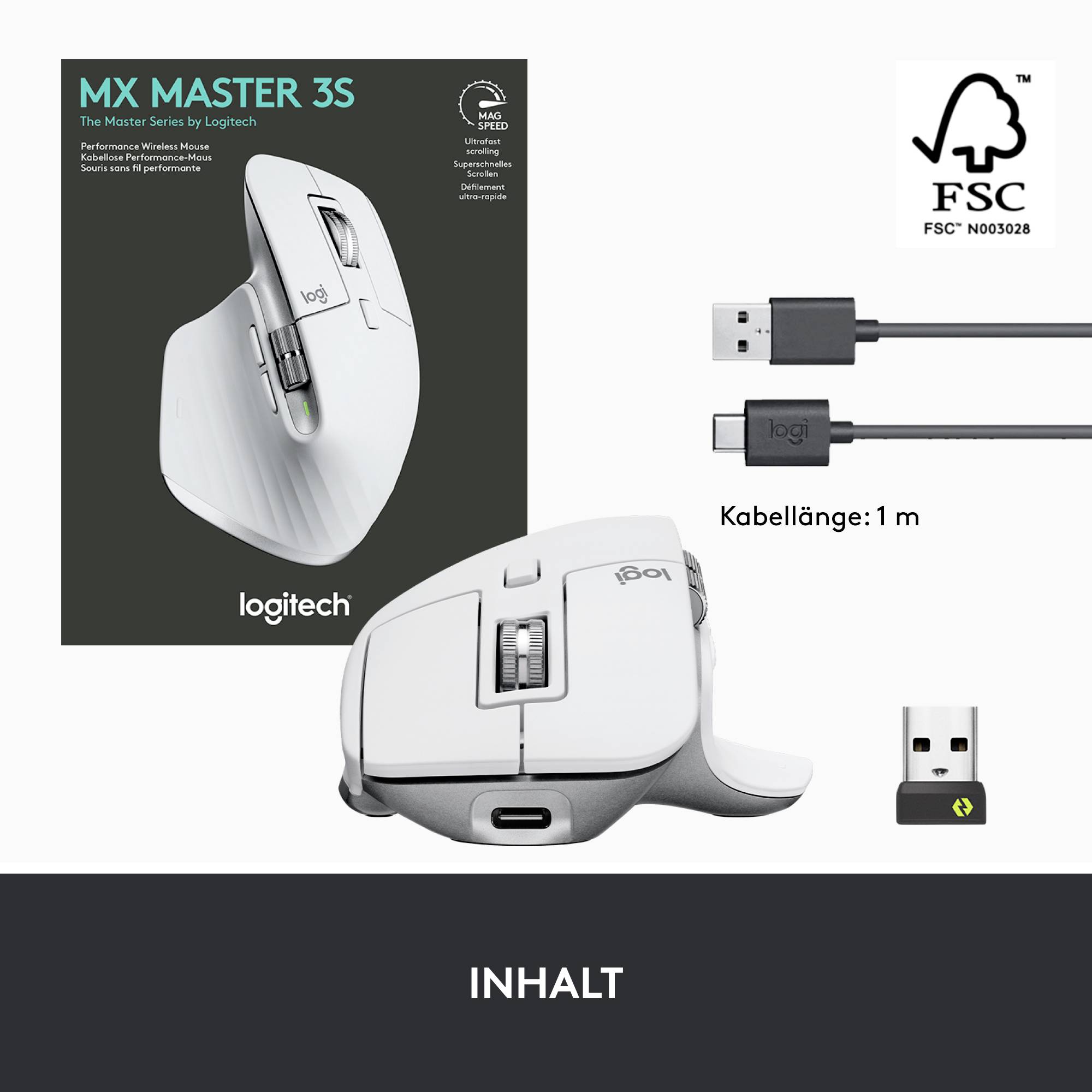 Der Logitech MX Master 3S, weiß, wird mit USB-Kabel (1 m) und USB-Empfänger gezeigt. FSC-Logo in der Ecke.