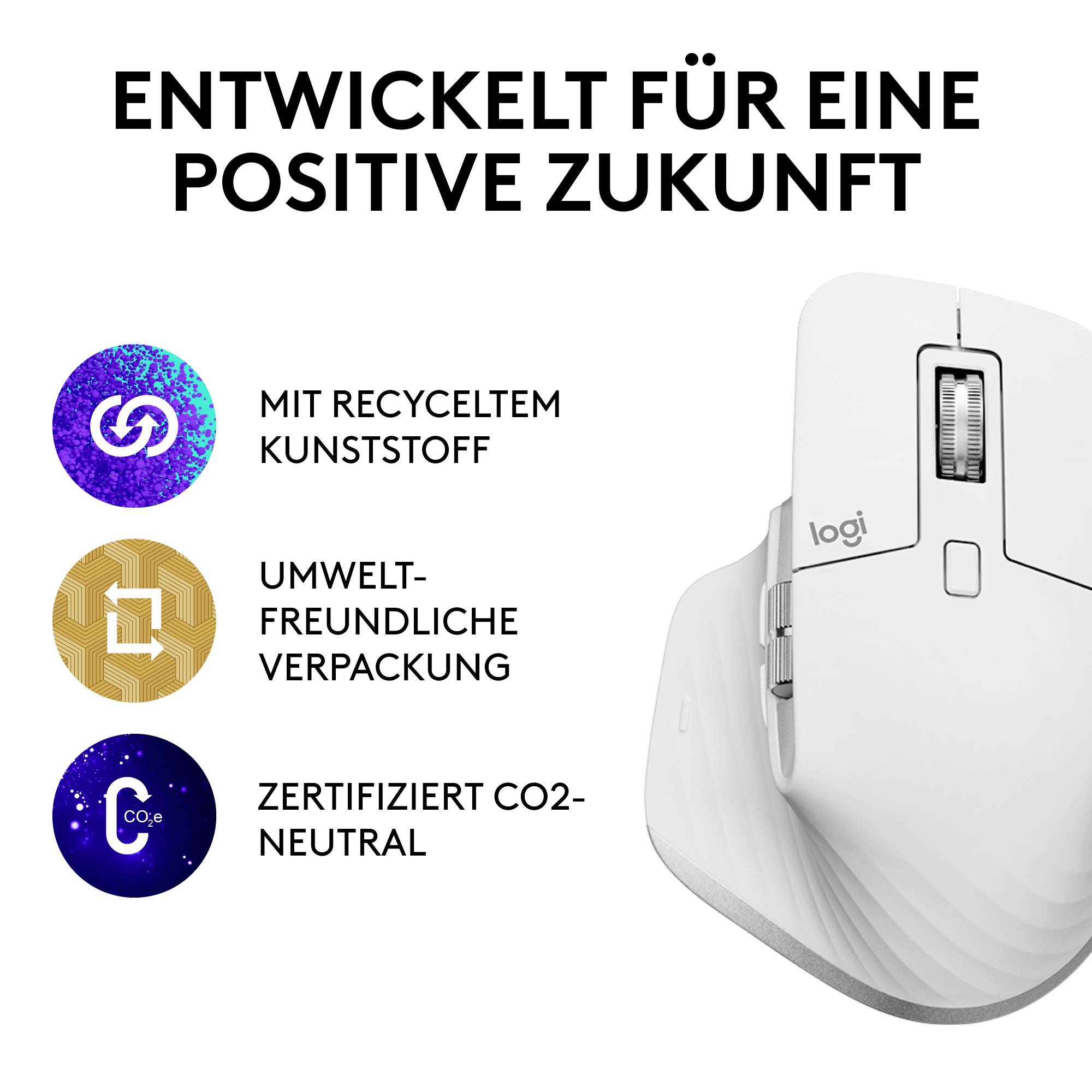 Eine Computermaus mit dem Text 'Entwickelt für eine positive Zukunft'. Symbole: recycelter Kunststoff, CO2-neutral, umweltfreundliche Verpackung.