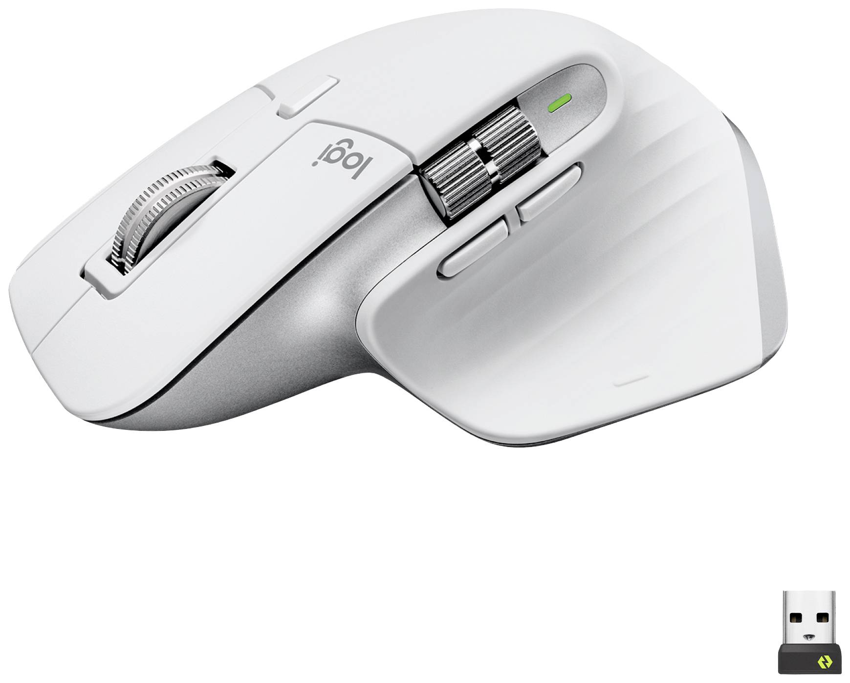 Kabellose ergonomische Computermaus in Weiß mit mehreren Tasten und einem Scrollrad. USB-Empfänger darunter abgebildet.