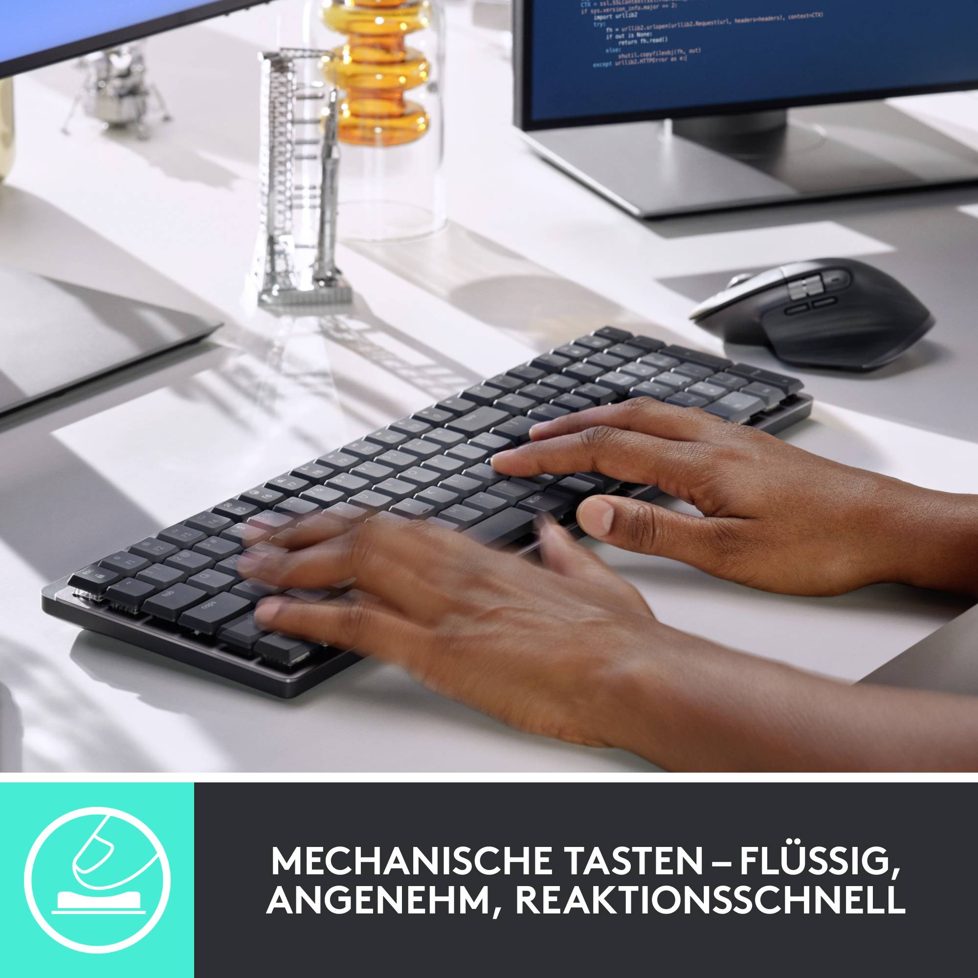 Logitech MX Mechanical (Tacticle Quiet) Bluetooth®, Funk Tastatur Deutsch, QWERTZ Graphit Abnehmbares Kabel, Beleuchtet