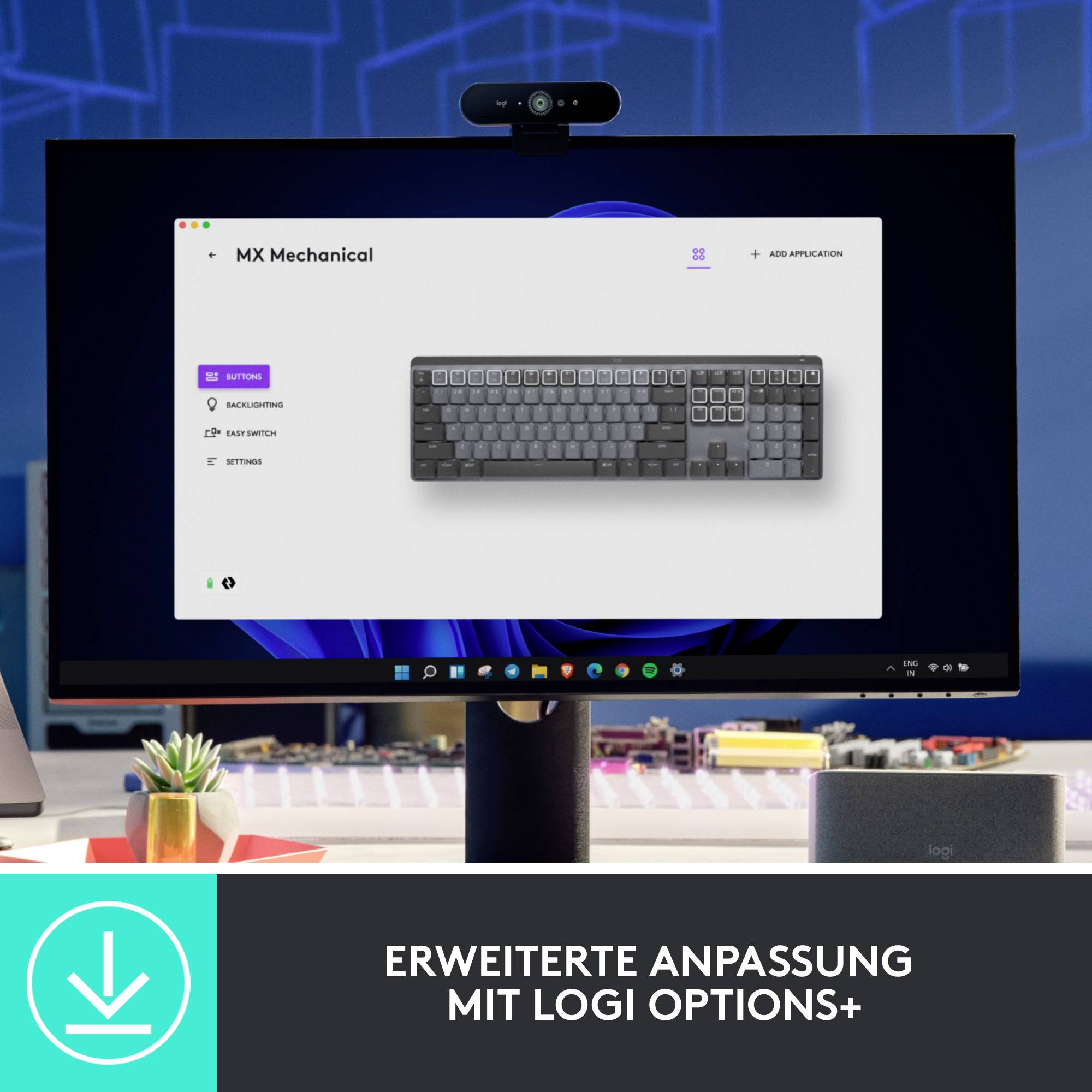 Ein Computerbildschirm zeigt die MX Mechanical Tastatur mit der Software 'Logi Options+' zur erweiterten Anpassung.