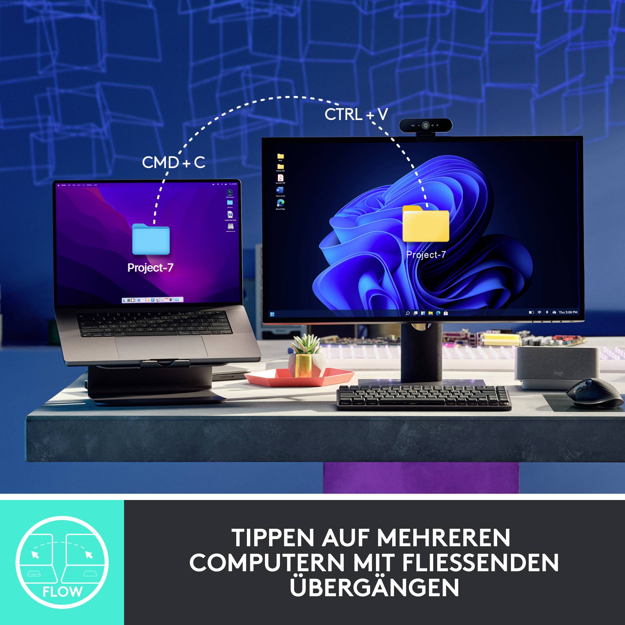 Ein Schreibtisch mit zwei Computern. Eine Datei wird per Tastenkombination kopiert und zwischen den Bildschirmen verschoben.