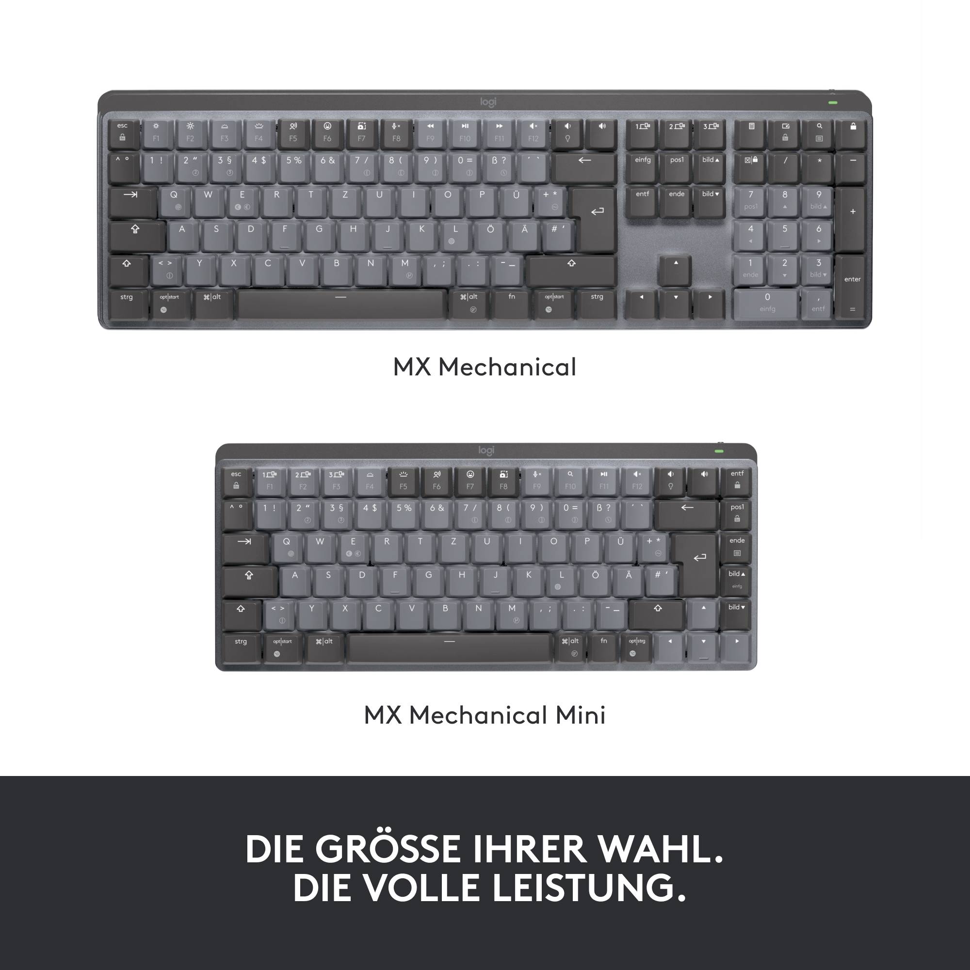 Oben im Bild sind zwei Tastaturen zu sehen: oben eine größere, unten eine kompakte Version. Darunter steht 'Die Größe Ihrer Wahl. Die volle Leistung.'
