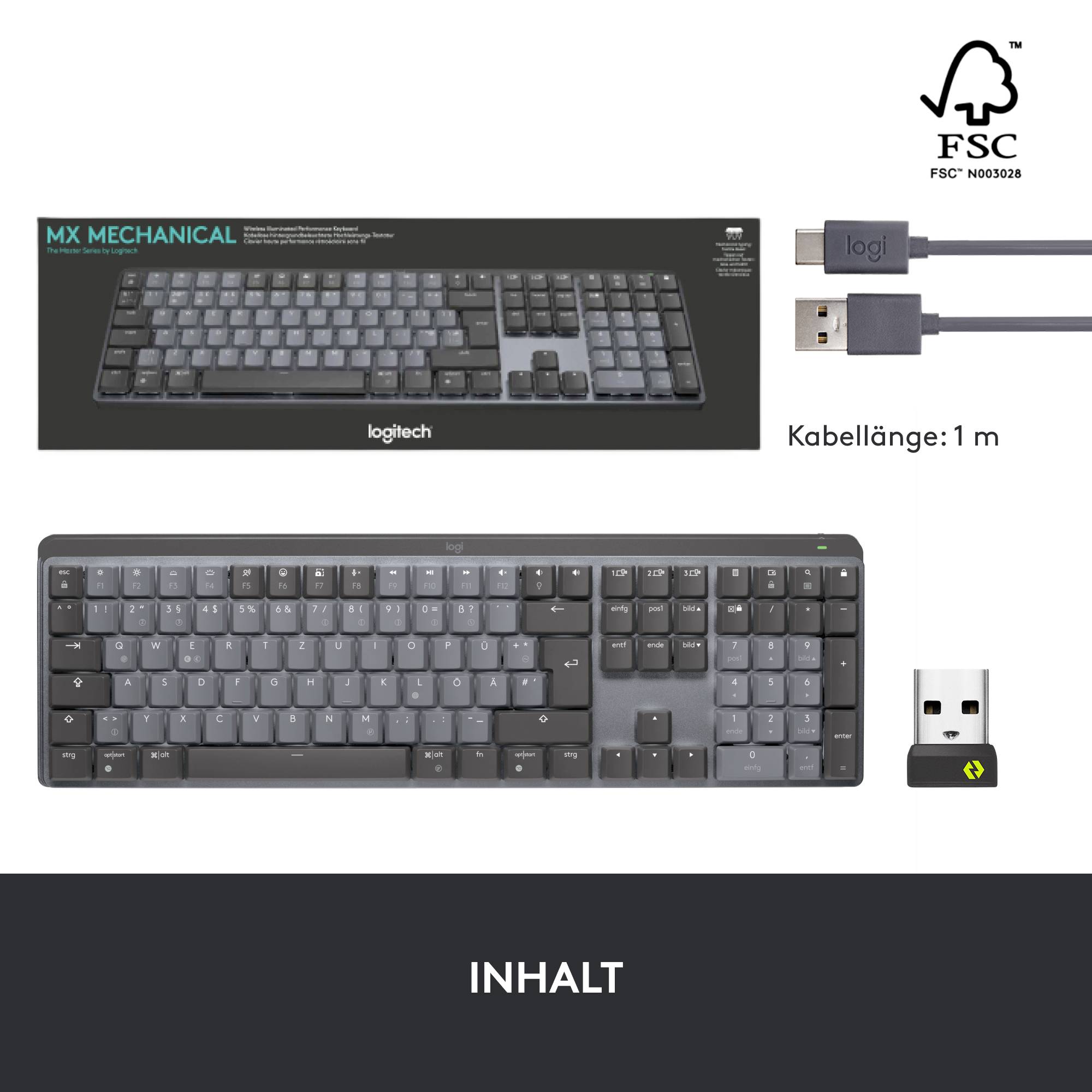 Tastatur Logitech MX Mechanical, Layout in QWERTZ, kabellos, mit USB-Kabel und Adapter. Kabellänge: 1 m. Farbe: Dunkelgrau.