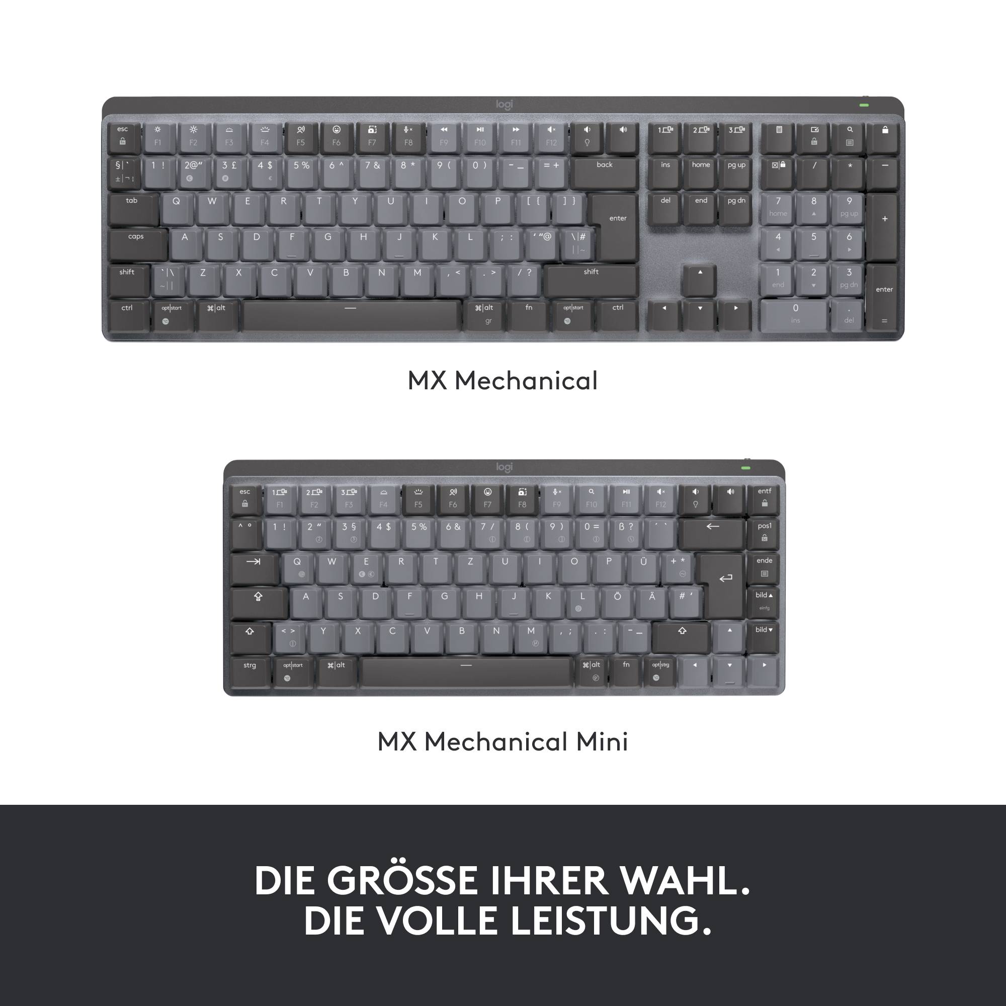 Logitech MX Mechanical Mini (Tacticle Quiet) Bluetooth®, Funk Tastatur Deutsch, QWERTZ Graphit Abnehmbares Kabel, Beleuchtet, Wiederaufladbar