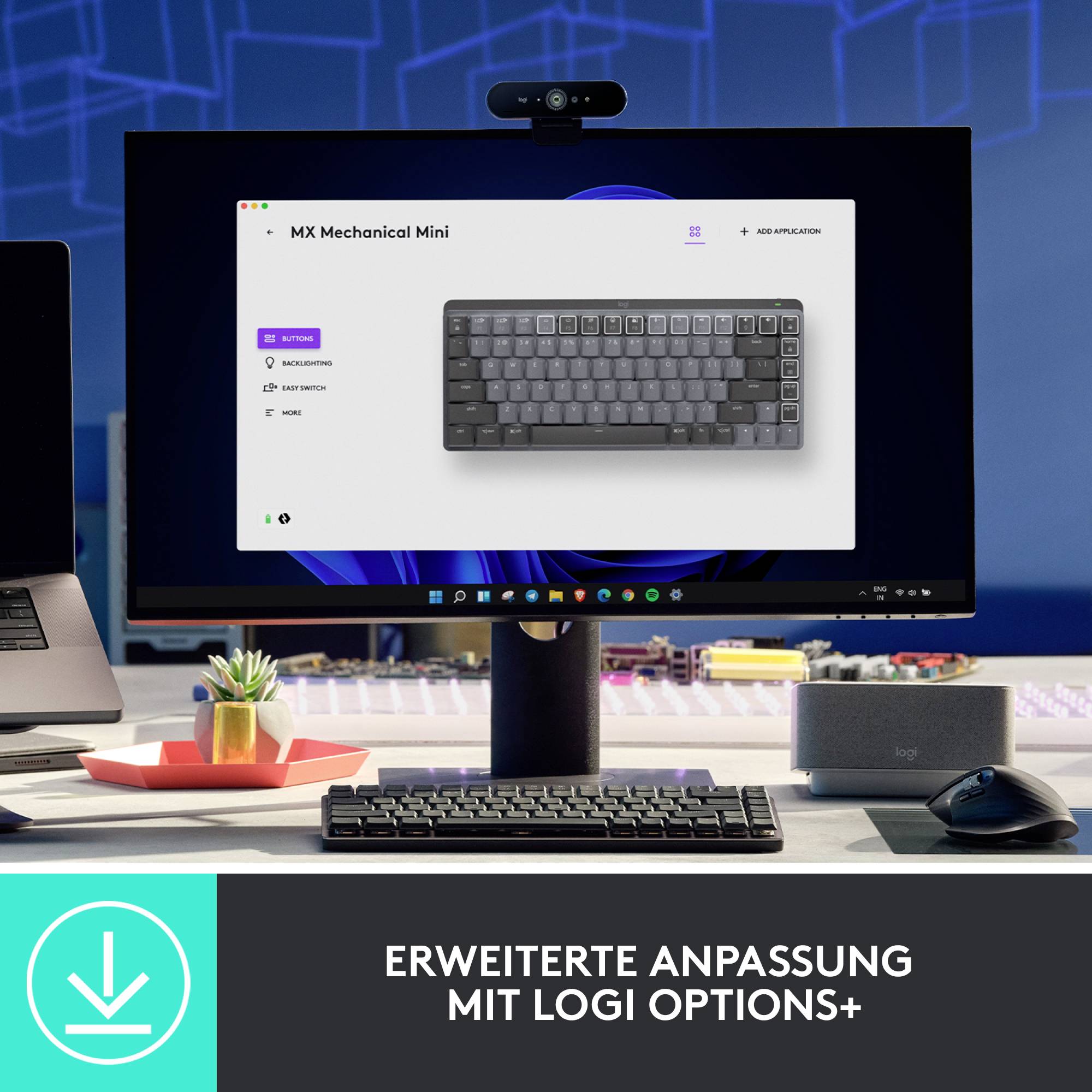 Ein Computerbildschirm zeigt die Webseite 'MX Mechanical Mini', auf der Tastatur abgebildet ist. Darunter steht: 'Erweiterte Anpassung mit Logi Options+'.