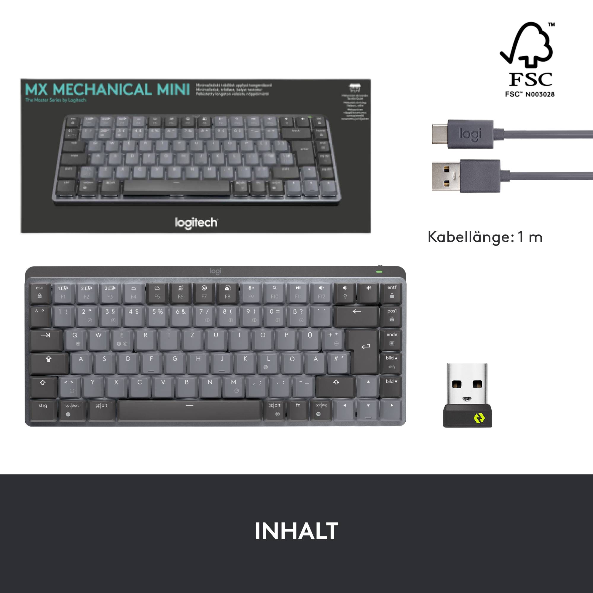 'Logitech MX Mechanical Mini' Tastatur in dunklen Tönen. Enthält USB-Empfänger und 1 m USB-Kabel. Verpackung zeigt Produktbild.