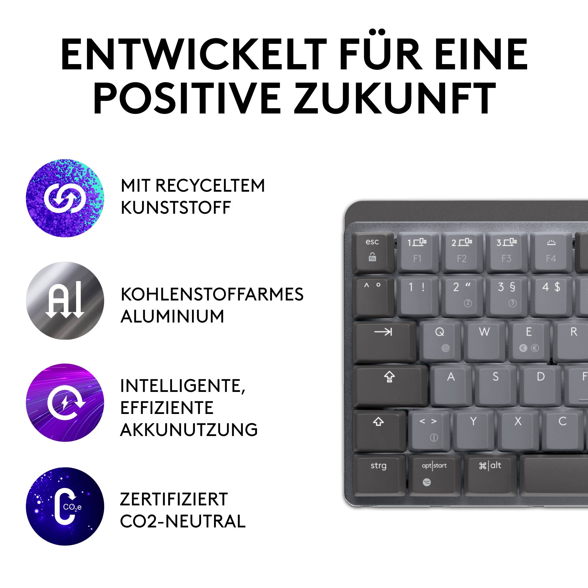 Tastatur neben Symbolen und Text: 'Entwickelt für eine positive Zukunft'. Symbole: recycelte Materialien, aluminiumarm, CO2-neutral.