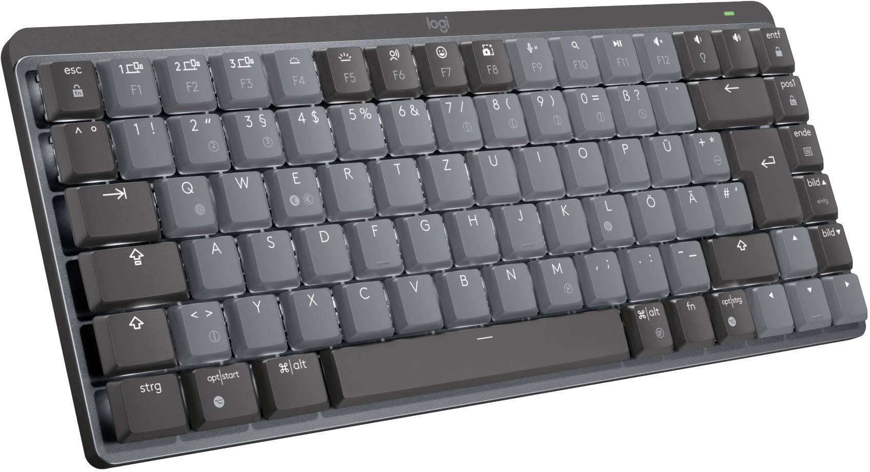 Schwarze kabellose Tastatur mit grauen Tasten und kürzerem Layout, geeignet für kompakte Arbeitsumgebungen.