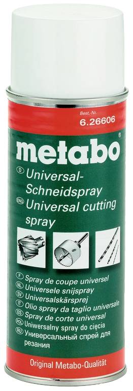 Eine Dose Metabo Universalsprühschneidöl für Metallbearbeitung, rot-weiße Verpackung, grüne Schrift.