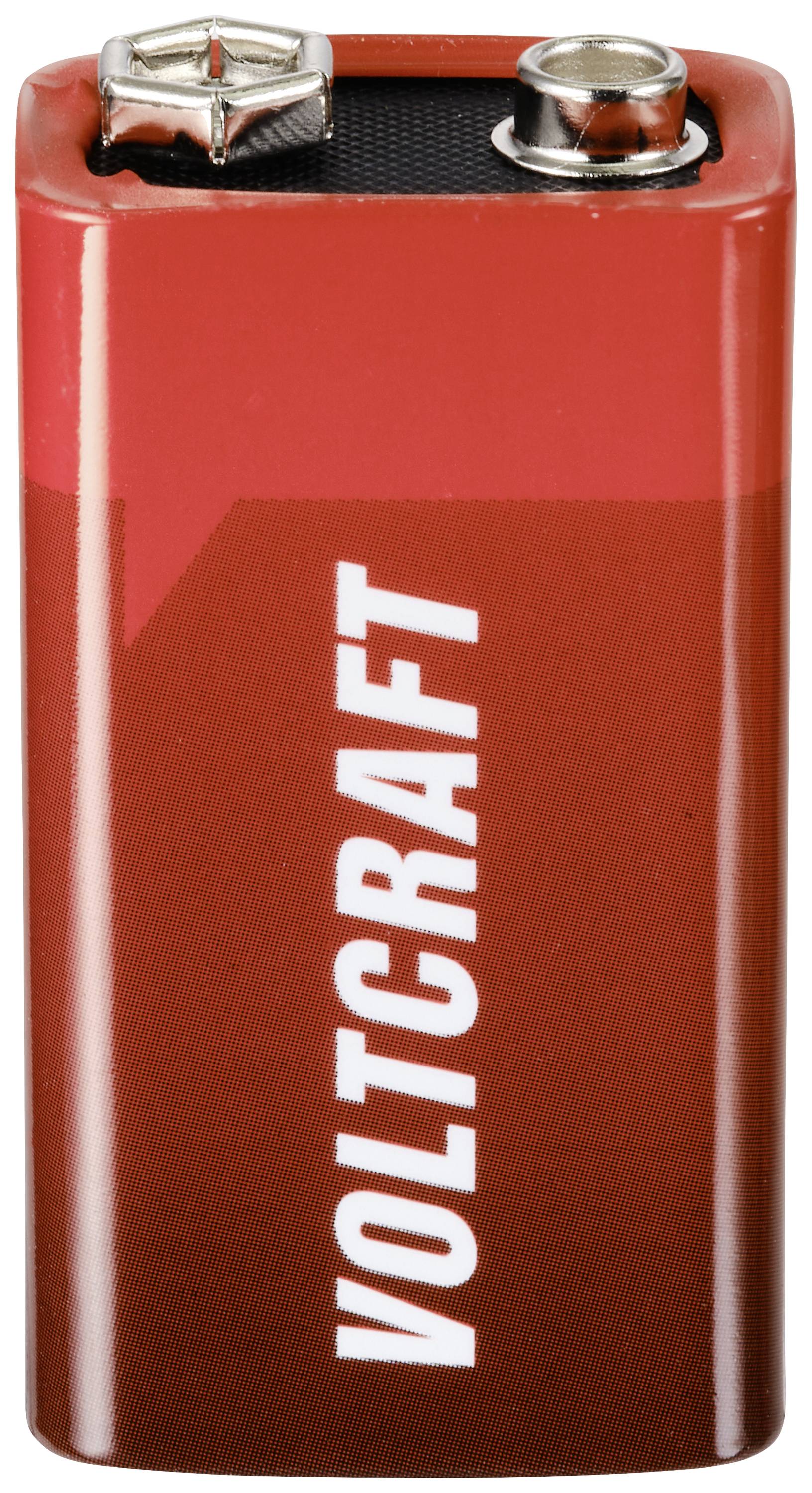 Rote 9V-Blockbatterie mit der Aufschrift 'VOLTCRAFT' in weißer Schrift vertikal gedruckt. Oben sind die beiden Anschlüsse sichtbar.
