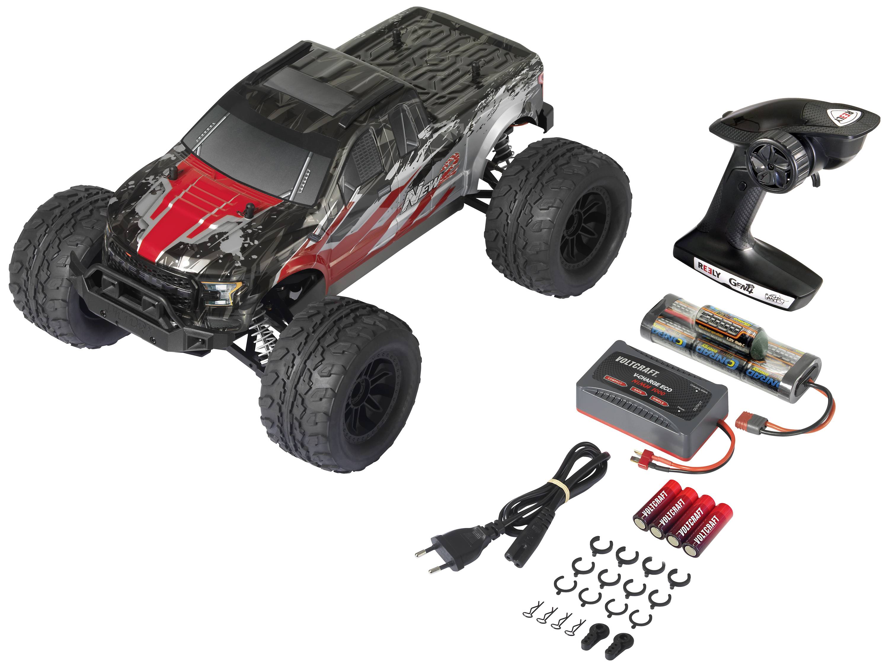 Reely New2 Super Combo Brushed 1:10 RC Modellauto Elektro Monstertruck Allradantrieb (4WD) 100% RtR 2,4 GHz inkl. Akku, Ladegerät und Senderbatterie