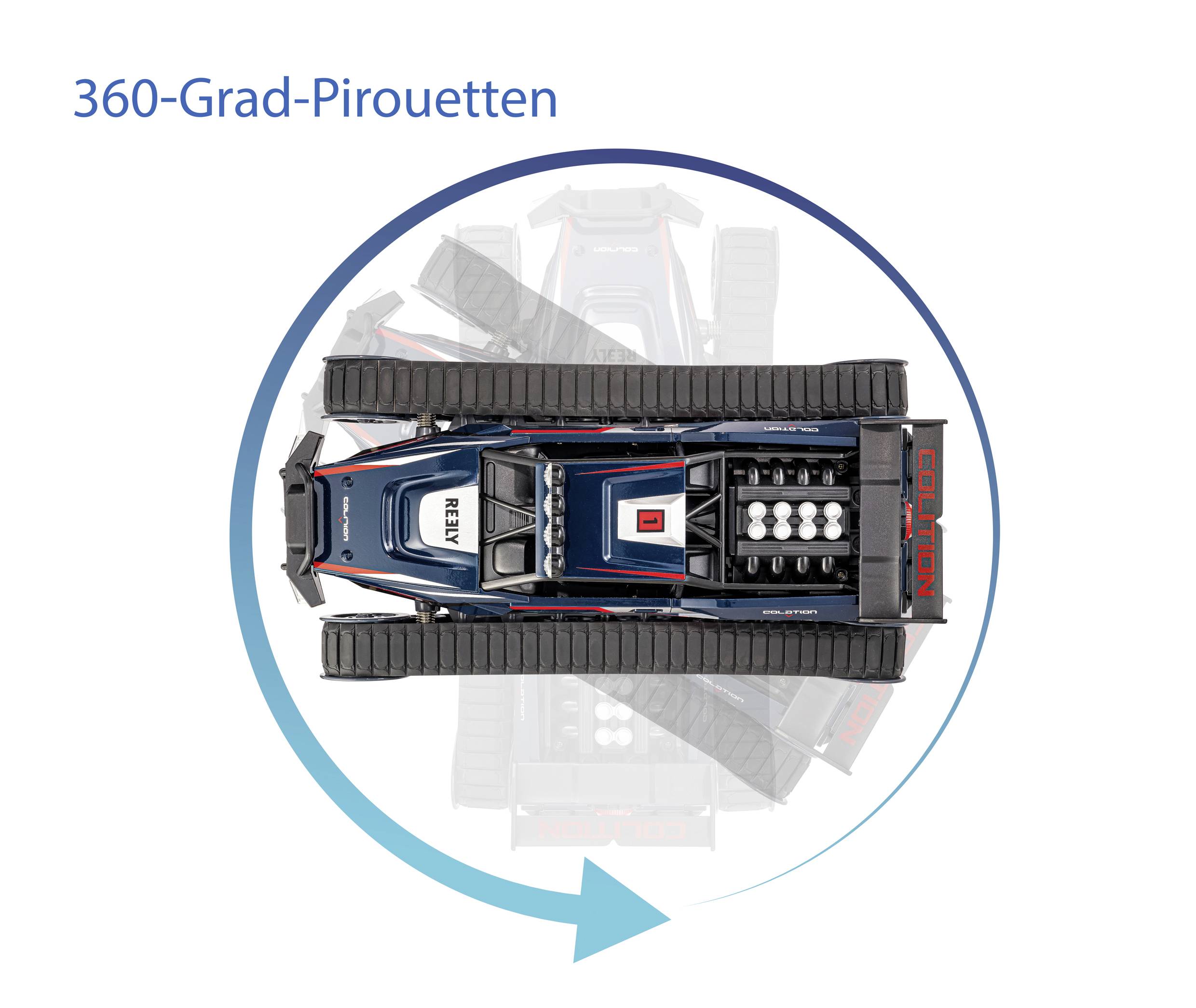 Spielzeugauto führt eine 360-Grad-Pirouette aus. Ein blauer Pfeil zeigt die Drehbewegung an.