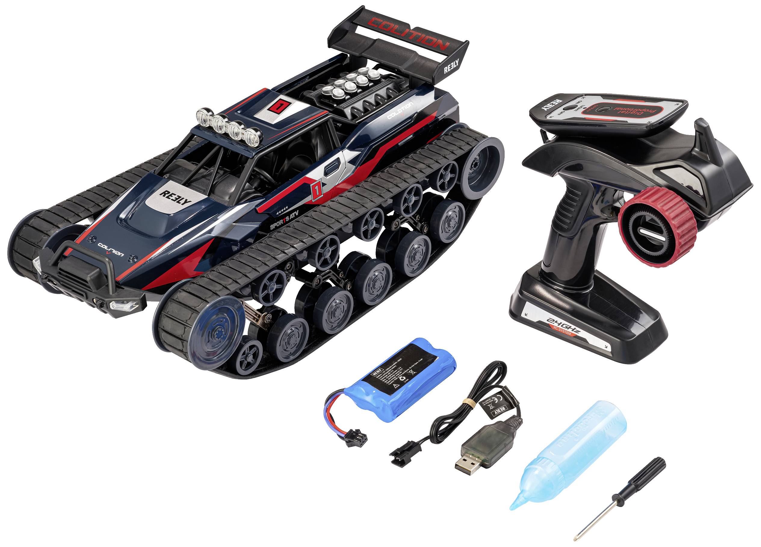 Ferngesteuertes Kettenfahrzeugspielzeug mit Steuergerät, Akku, Ladekabel, Schraubendreher und Flasche für Reparatur und Wartung.