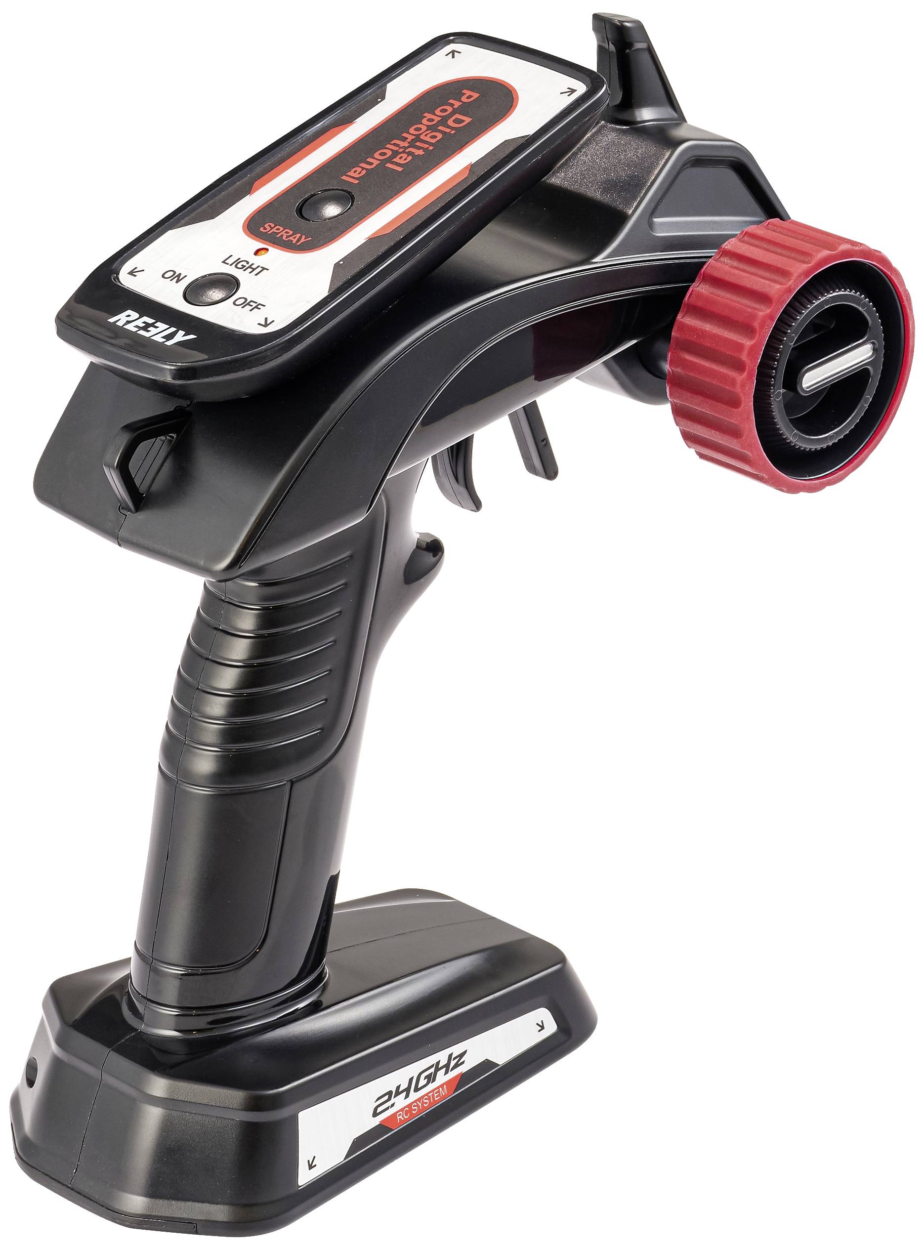 Fernsteuerung für RC-Autos mit schwarzem Griff, roten Drehrad und Tasten oben. Geeignet für linke oder rechte Hand. Anzeige für Batteriestatus.