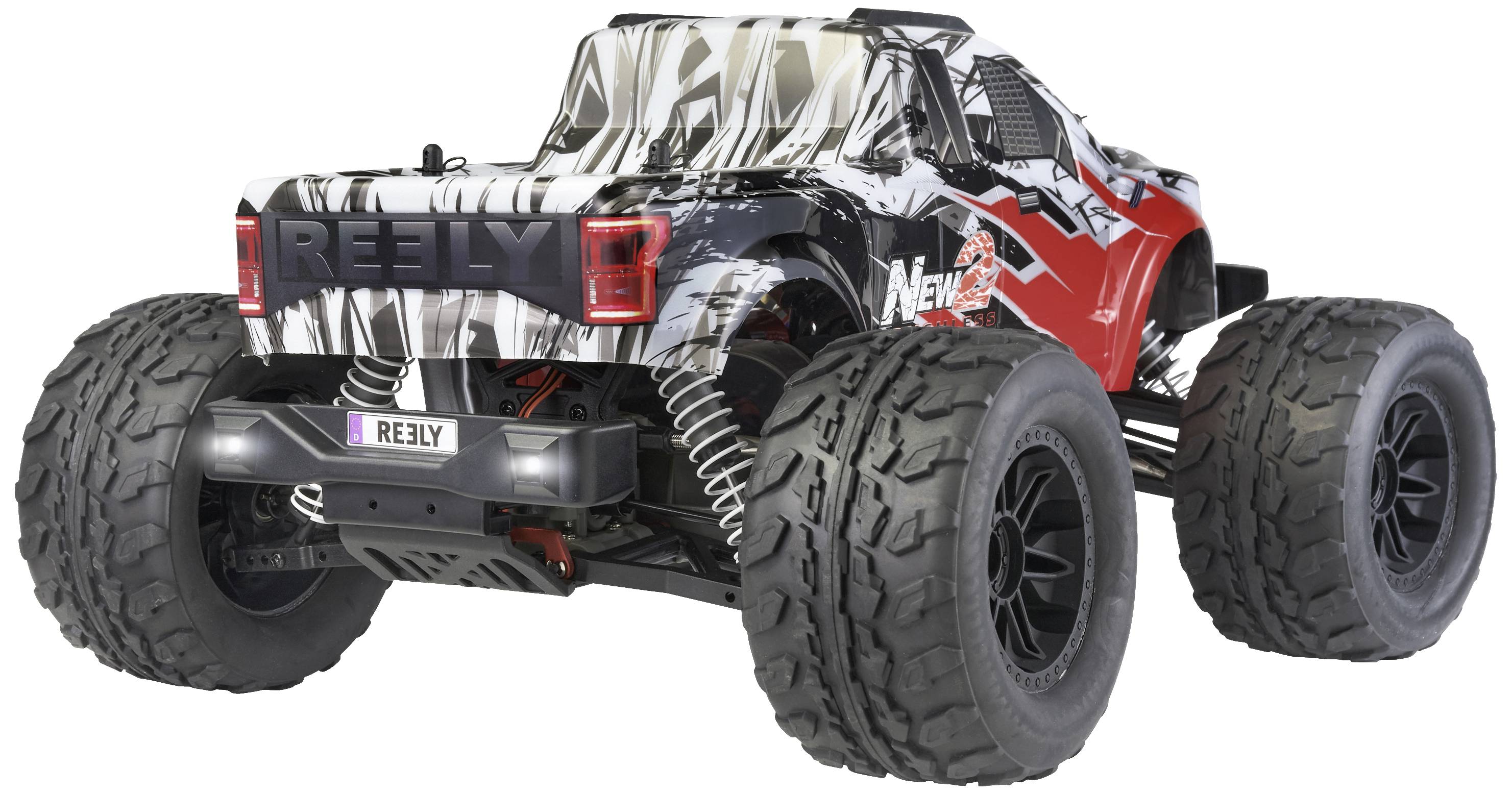 Ferngesteuertes Auto im Offroad-Design mit großer Bereifung und auffälligem, rot-schwarz-weißem Karosseriedesign.