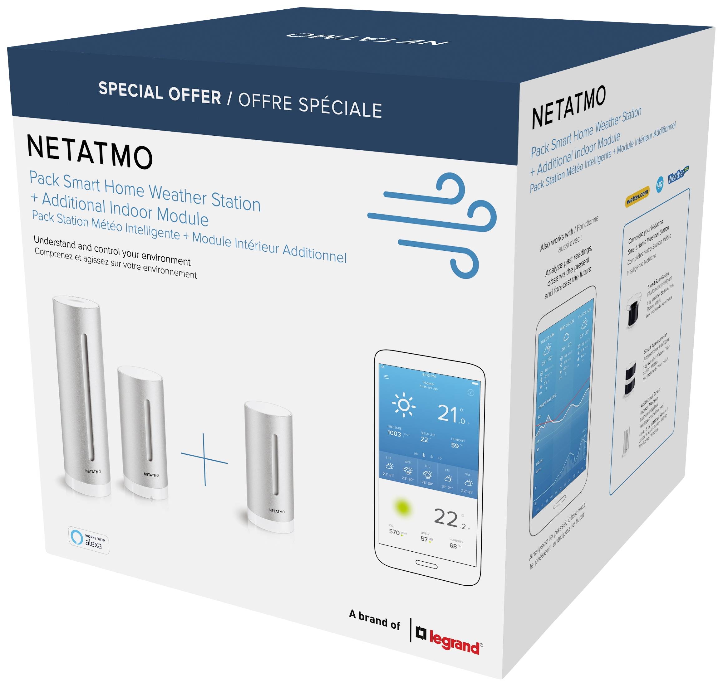 'Netatmo Smart Home Wetterstation' und zusätzliches Innenmodul in einer blauen Verpackung. Zur Überwachung und Steuerung der Umgebung.