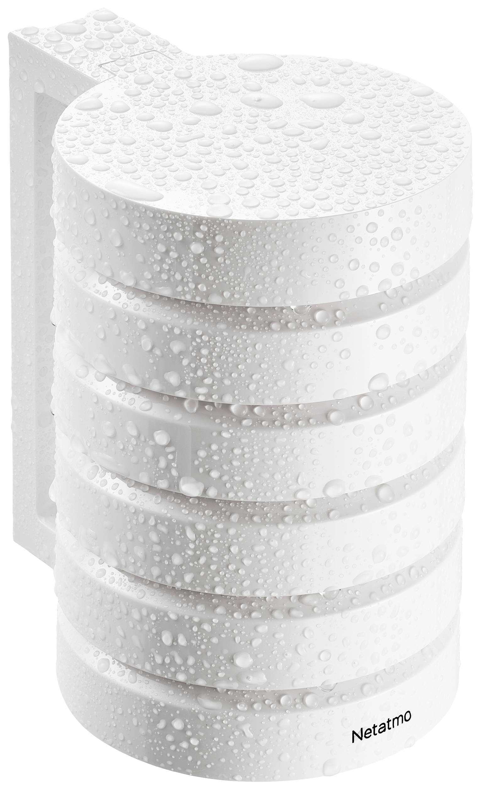 Weißer Sensor-Zylinder mit Wassertropfen auf der Oberfläche. Text 'Netatmo' am unteren Rand.