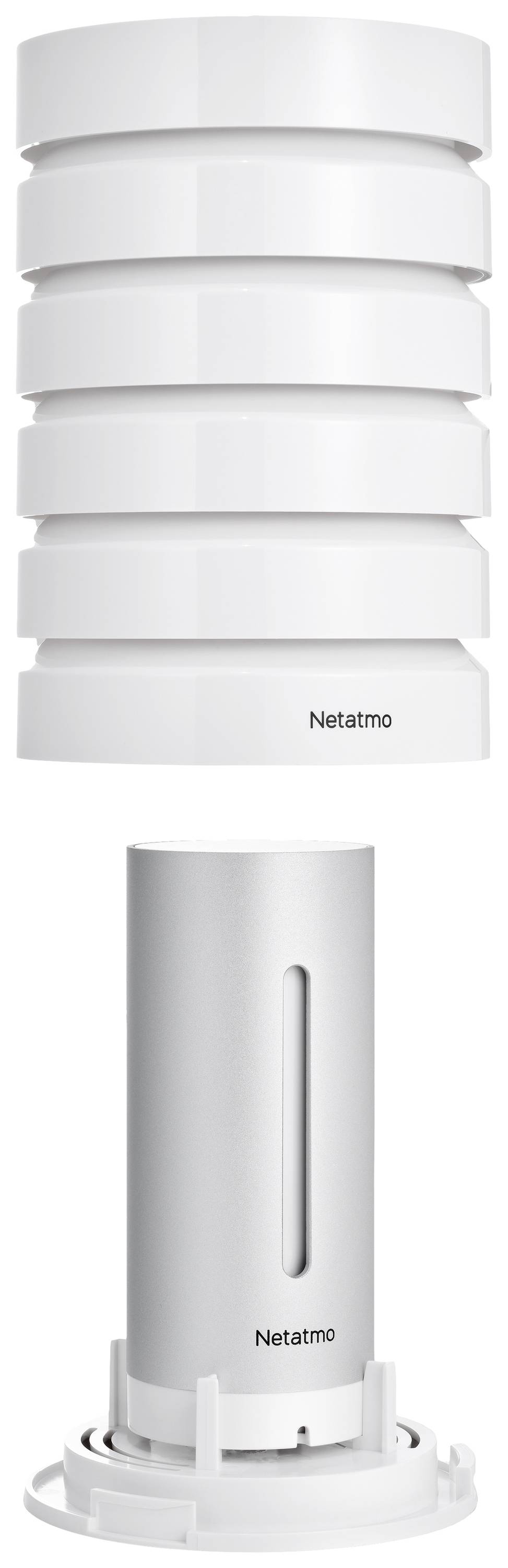 Zwei weiße Netatmo-Geräte: Oben ein abgestuftes, zylindrisches Modul, unten ein schlanker Zylinder. Sie dienen der Wetterdatenerfassung.
