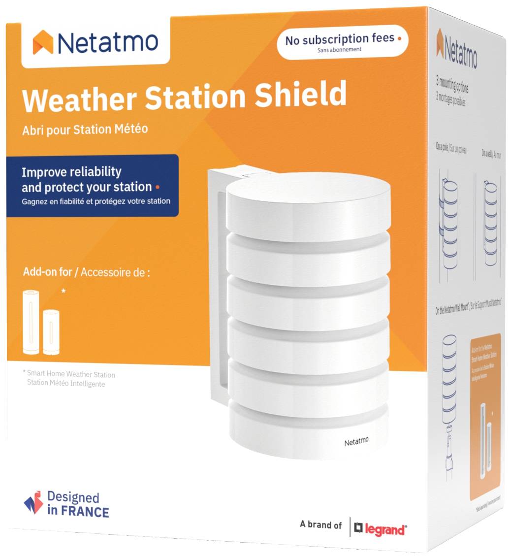Verpackung der 'Netatmo Weather Station Shield', zeigt das Produkt als weißen Schutzschirm. Kein Abonnement erforderlich.