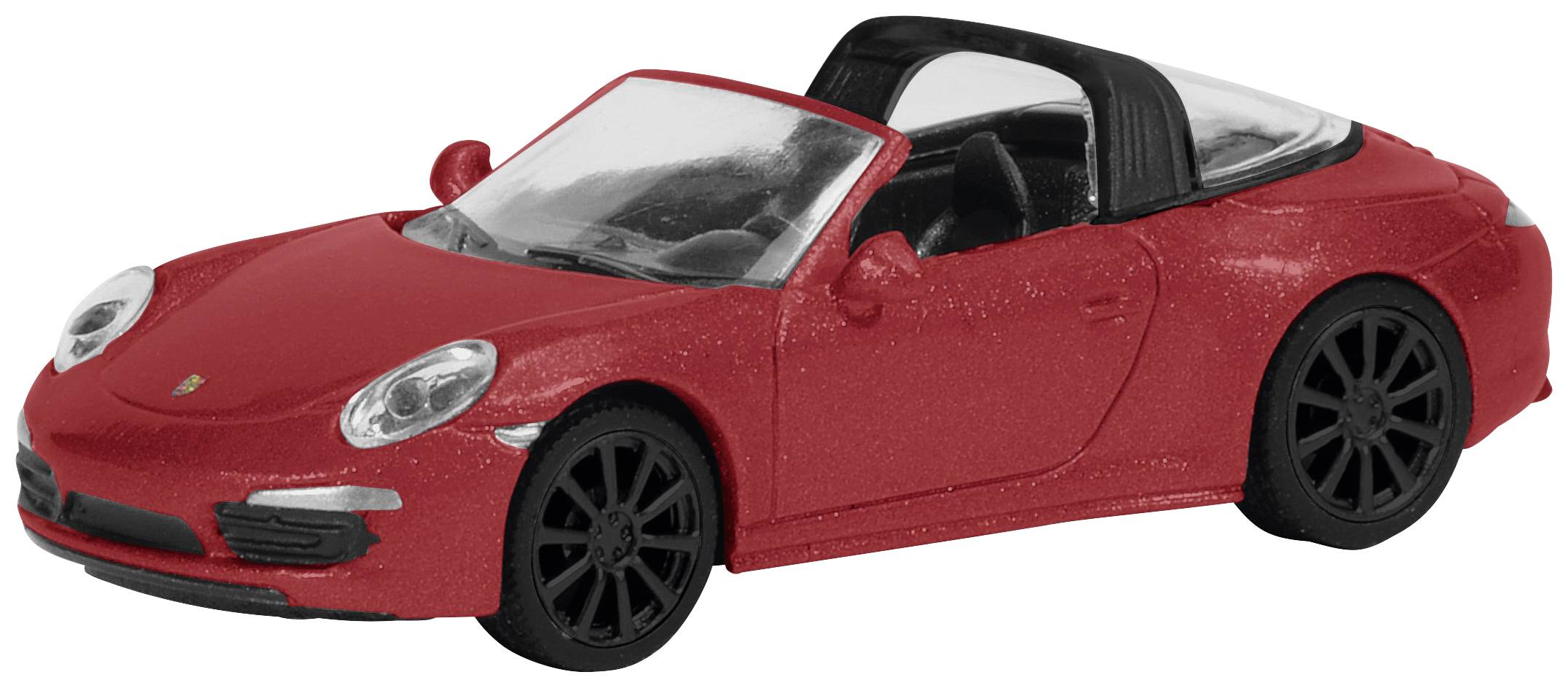 Ein rotes Modellauto eines Sportwagens mit schwarzem Dach und Felgen, möglicherweise ein Cabrio.