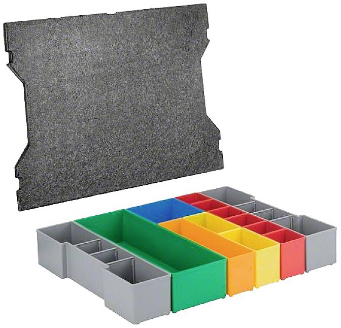Ein Set aus sechzehn bunten Sortierboxen in Grau, Rot, Blau, Gelb und Grün in verschiedenen Größen, mit einem Schaumstoffdeckel.